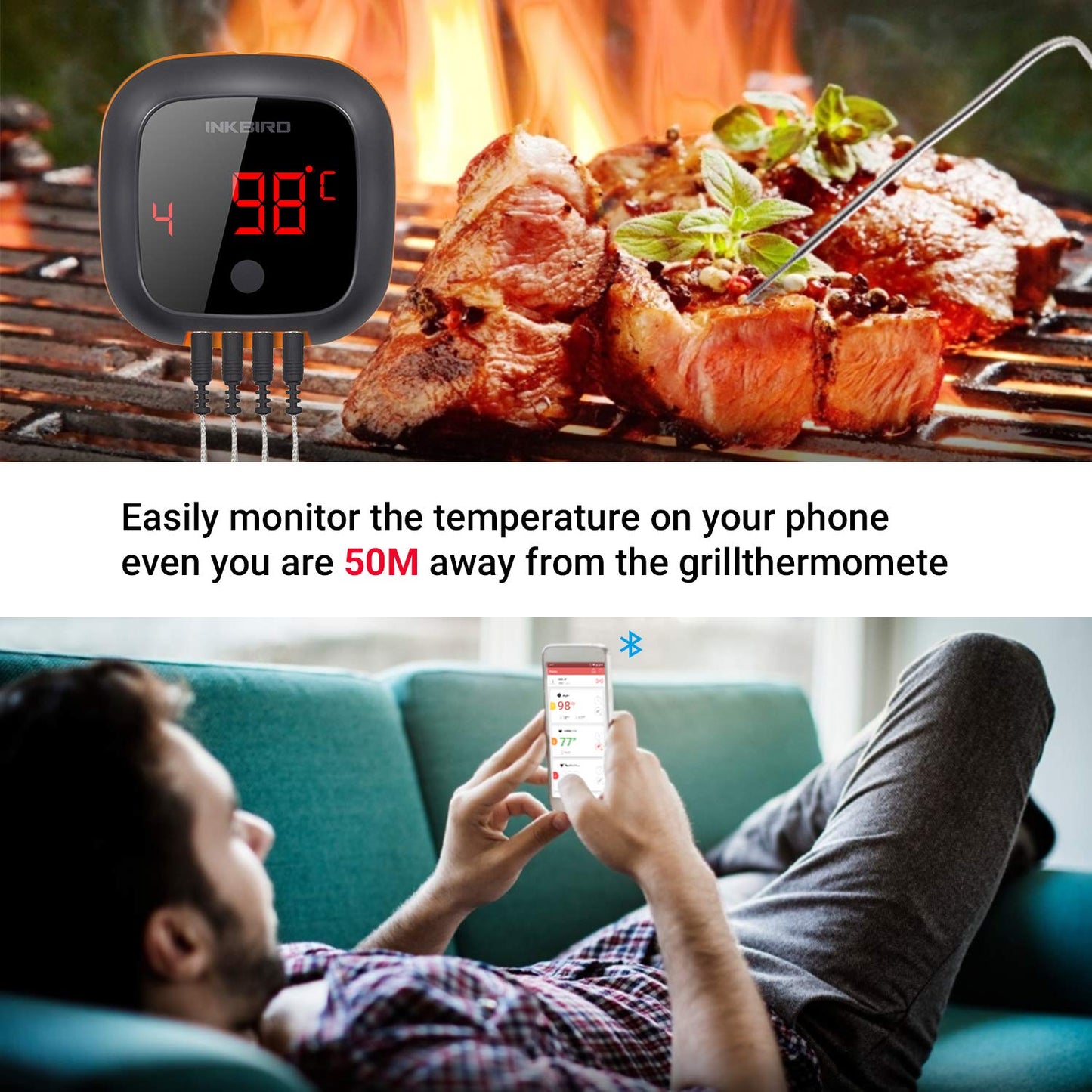 INKBIRD IBT-4XS BBQ Thermometer Bluetooth Meat Thermometers, 150ft Wireless Meat Thermometer with 4 Probes, Meat Thermometer Wireless Probe for Smoker Grill Oven Kitchen Cooking