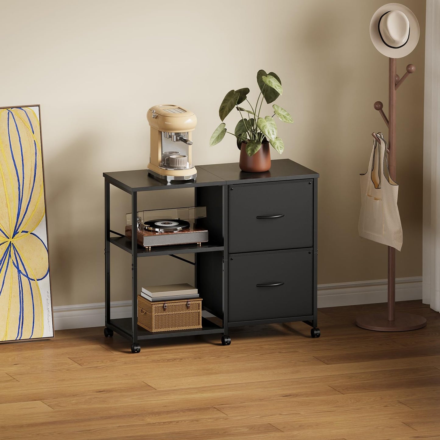 YeTom Fabric Lateral File Cabinet with Wheels, Rolling Printer Stand with Open Storage Shelf for Home Office, Black