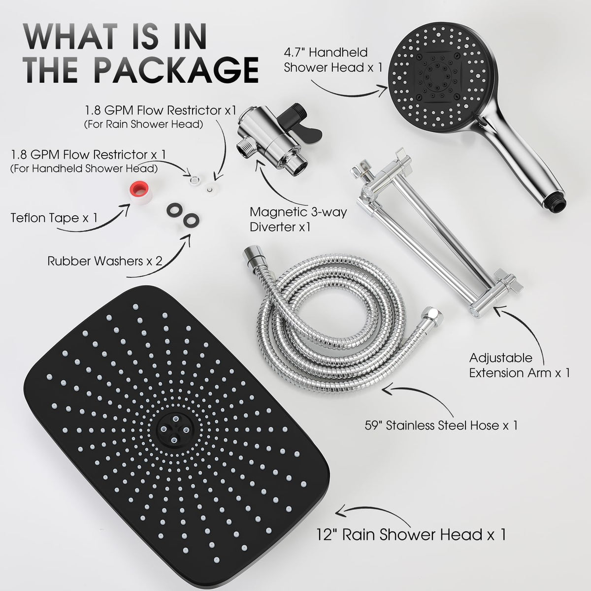 SANISANO High Pressure 12" Rainfall Shower Head with Magnetic 4.7" 9-Mode Handheld Spray Combo, Adjustable Height/Angle Extension Arm, 59'' Extra Long Shower Hose (Chorme)