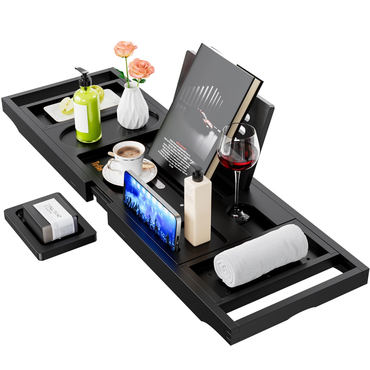 Adjustable Bathtub Caddy Tray, Bamboo Retractable Bathtub Tray, Bathroom Tray for Books, Tablets, Mobile Phones, Suitable as Gifts, Black