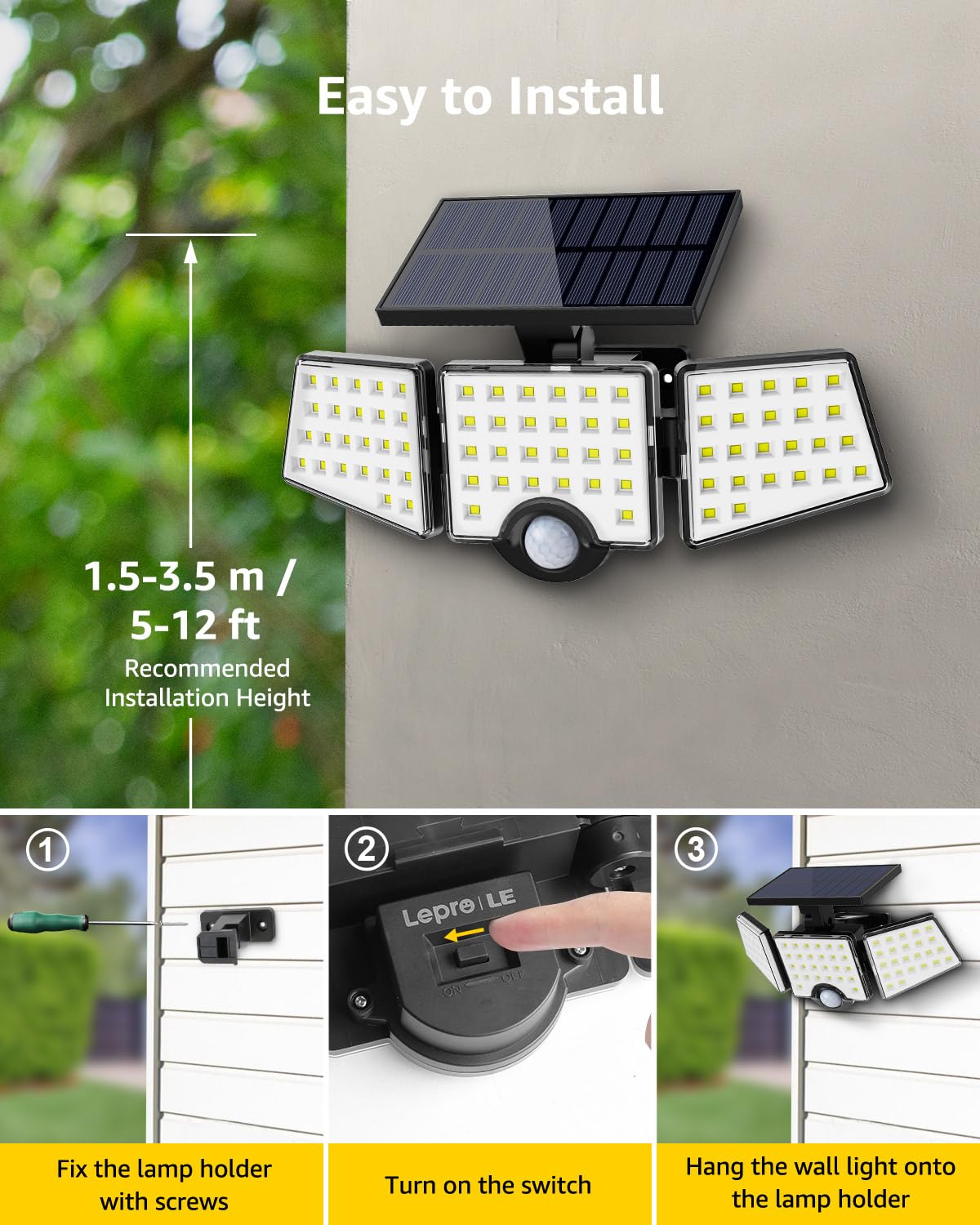 Lepro Solar Lights Outdoor, 2 Pack 1000LM Super Bright Solar Motion Sensor Light Outdoor, IP65 Waterproof Solar Flood Lights Outdoor, 270° Wide Angle, Security Outdoor Lights for Yard, Garden, Garage