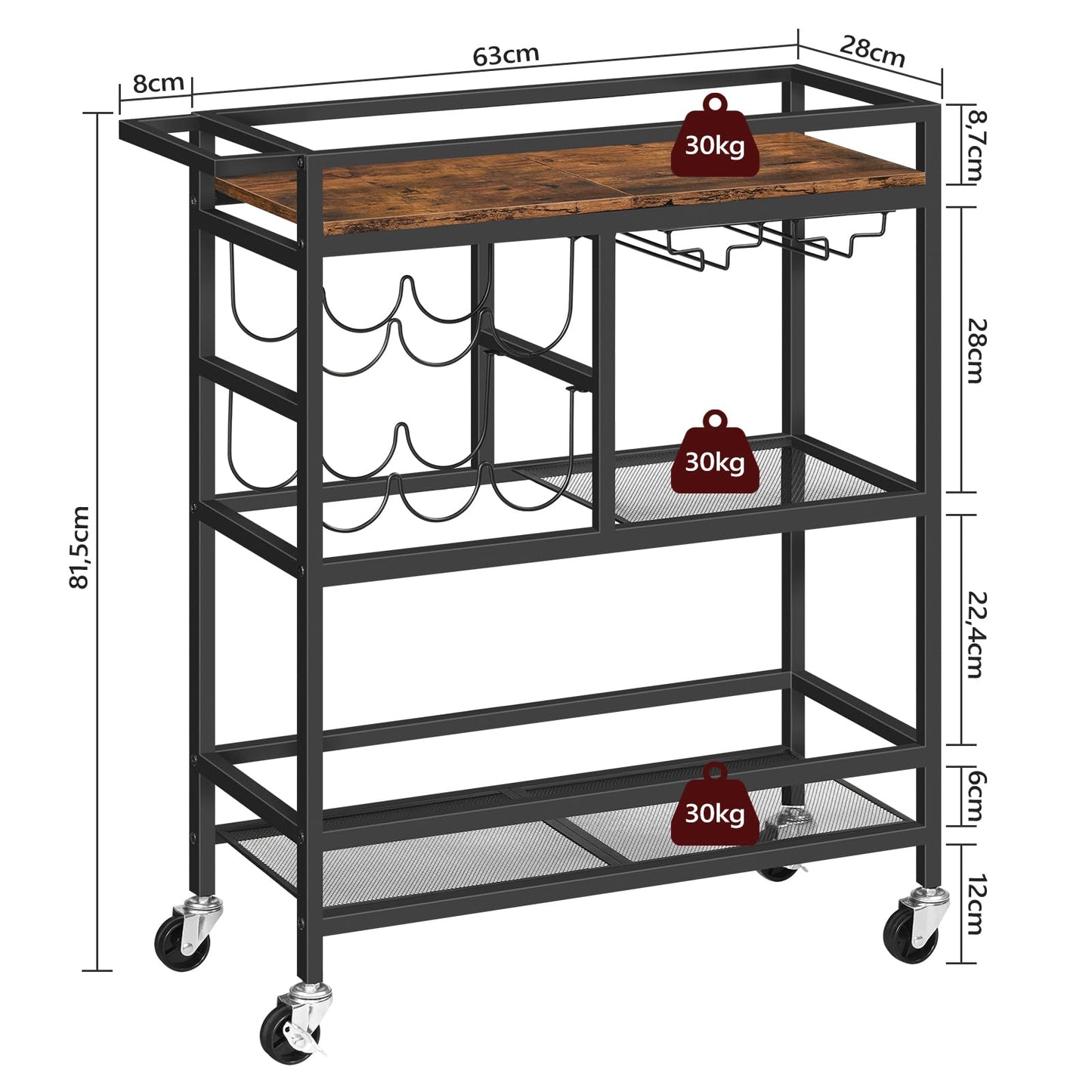 MAHANCRIS Bar Cart for The Home, 3-Tier Serving Cart with Wheels and Handle, Beverage Cart with Wine Rack and Glass Holder for Kitchen, Dining Room, Rustic Brown RCHR6101