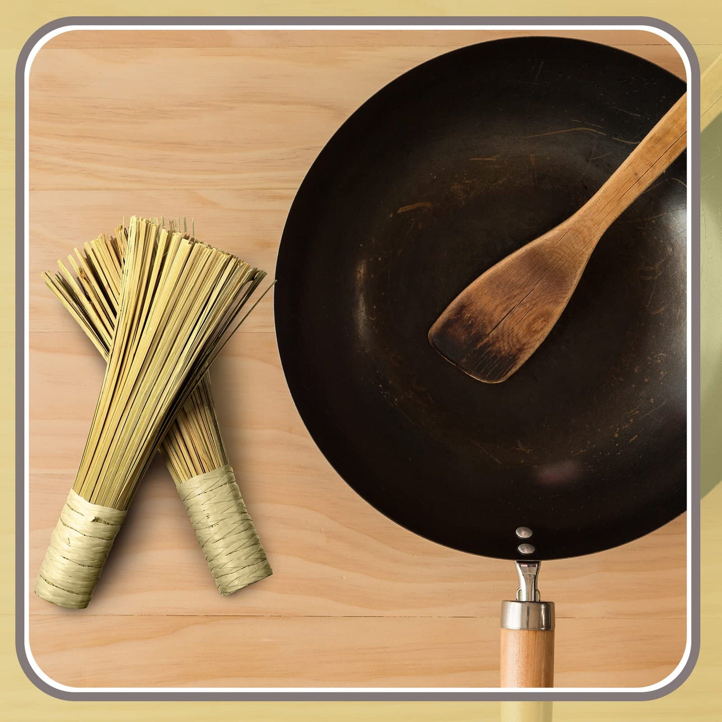 4 Pcs 12 Inches Bamboo Wok Brush Bamboo Kitchen Cleaning Brush Pot Scraper Scrubber Dish Pan for Cooking Skillet Grill Utensils Scrubbing