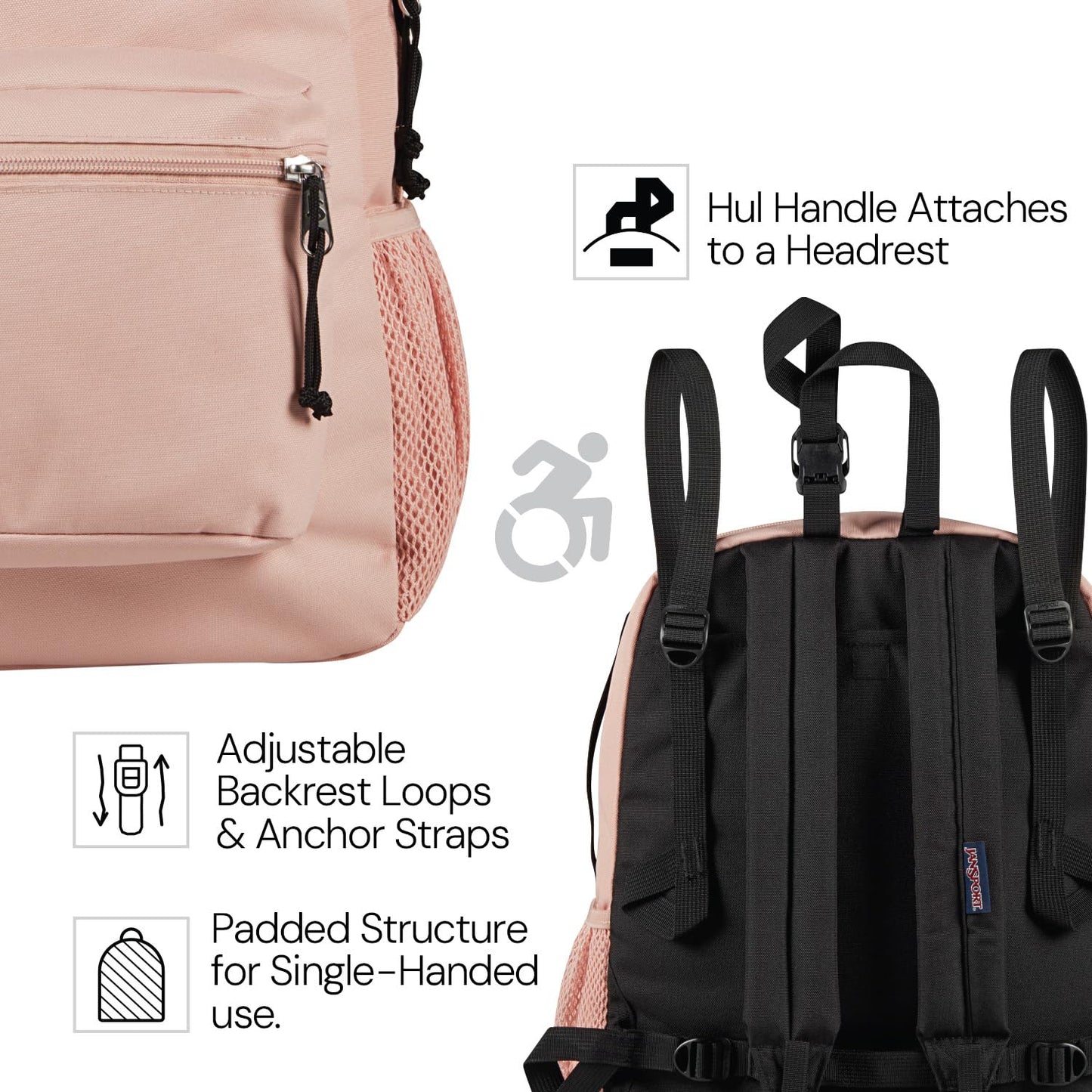 JanSport Central Adaptive Backpack – Wheelchair & Walker Compatible, Tuck-Away Shoulder Straps, Adjustable Backrest Loops & Anchor Straps, Misty Rose