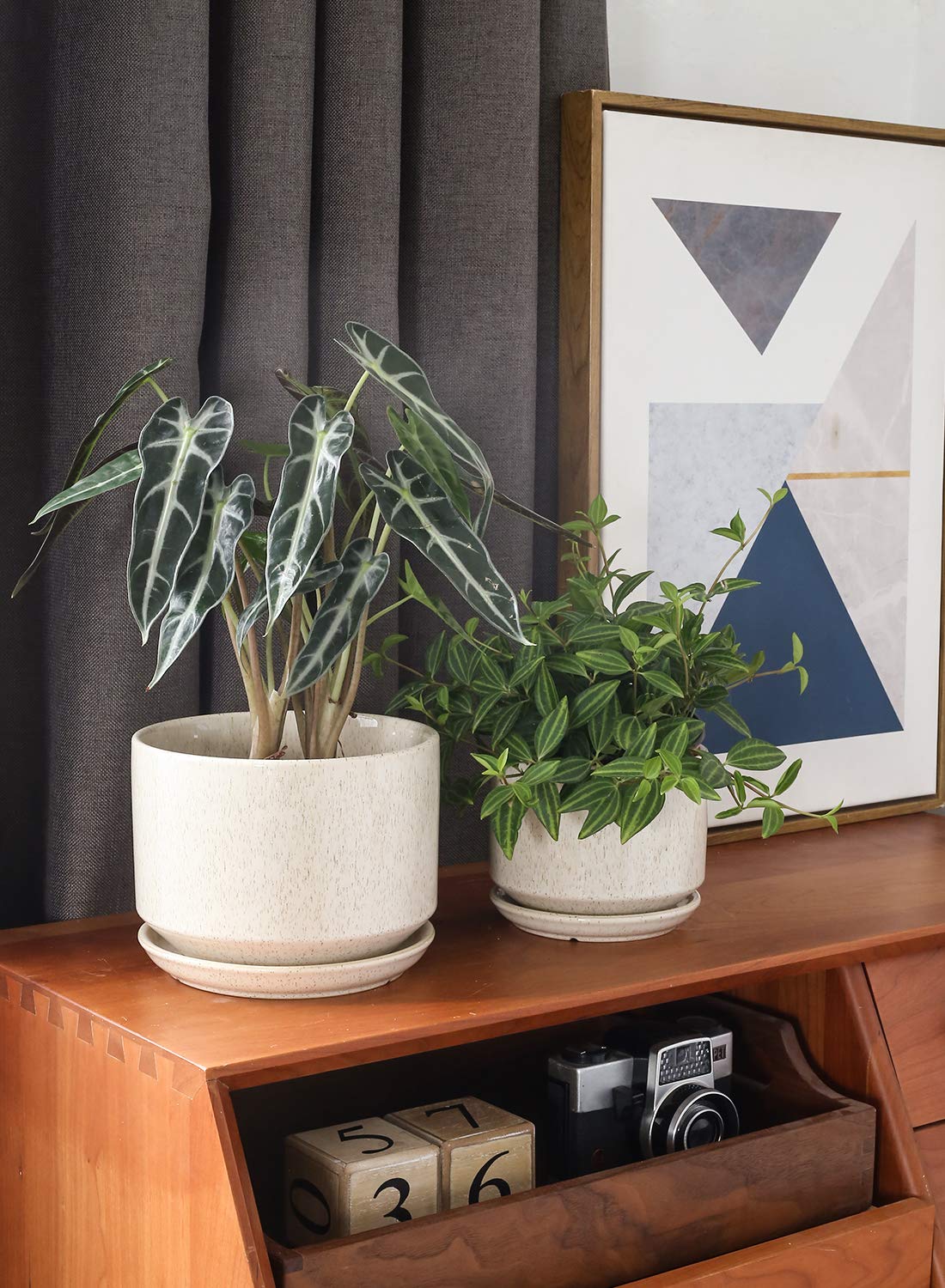 LE TAUCI Ceramic Plant Pots, Set of 3, 4.3+5.3+6.8 inch Plant Pots Indoor, Planters Pots with Drainage Hole & Saucer, Indoor Flower Pot with Mesh Pad, Pot Plante Interieur, Reactive Glaze Beige