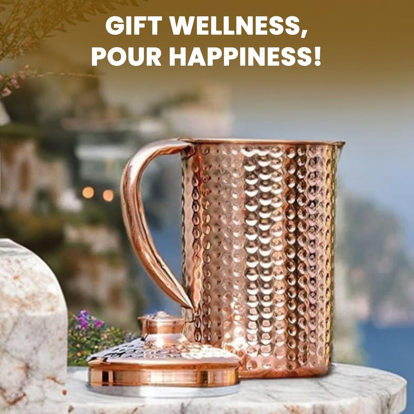 2activelife 100% Pure Copper Pitcher 50.72 Oz / 1500 ml | Drinking Water Traditional Hammered Pitcher with Lid | Copper Jug Handle Water Bottle | Ayurveda Health Benefits | Serving Water in Daily Use