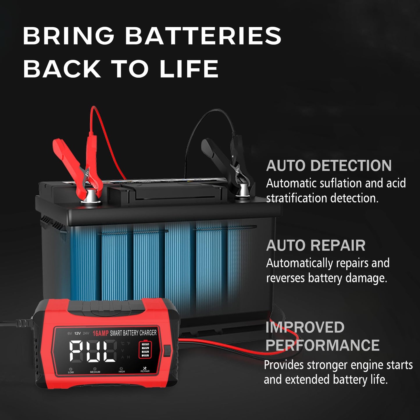16-Amp Battery Charger, 12V 24V Lithium LiFePO4 Lead Acid Car Battery Charger 10-Stage Trickle Charger Smart Battery Maintainer w/Temp Compensation for Car Truck Lawn Mower Boat Marine