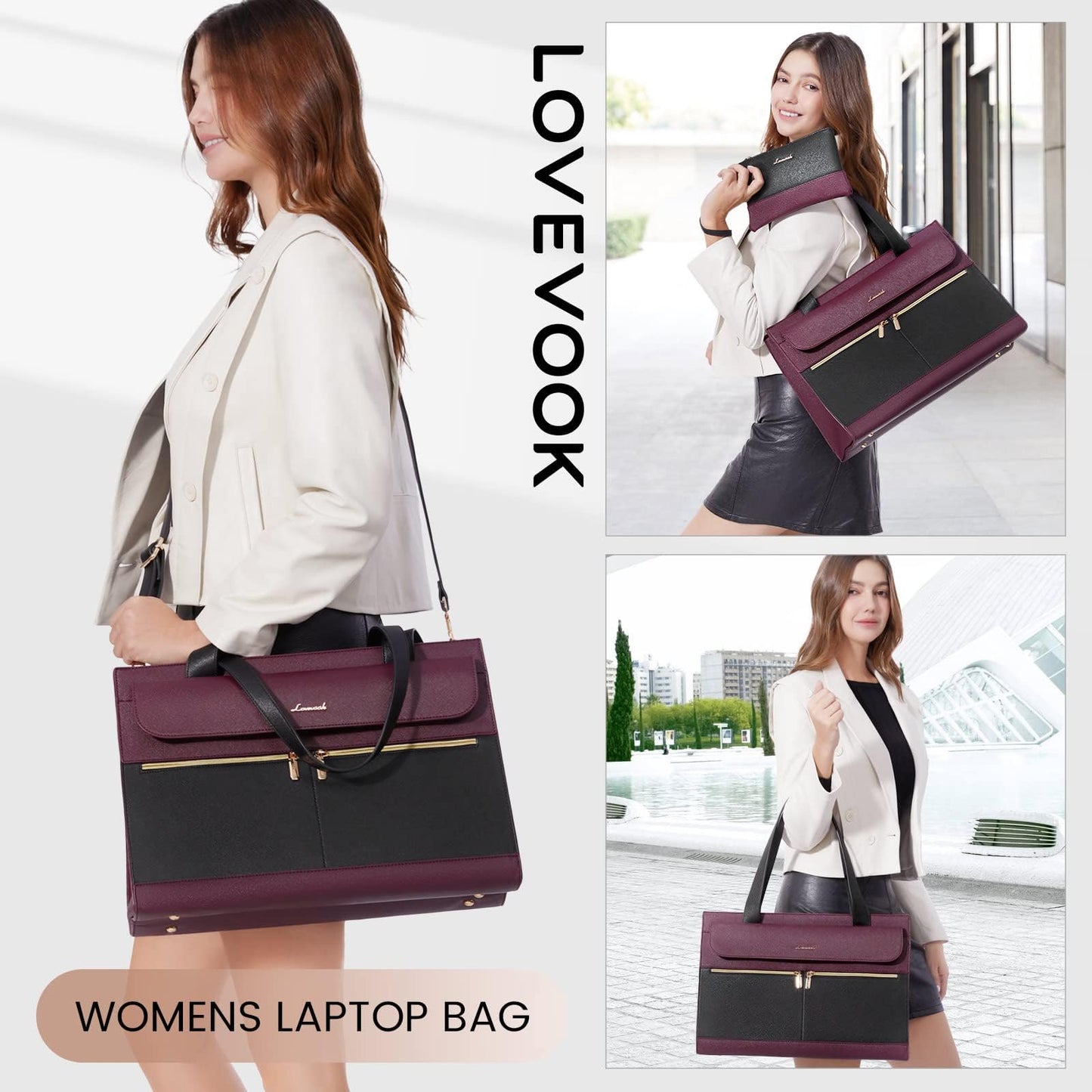 LOVEVOOK Laptop Bag for Women Leather 15.6 Inch Laptop Tote Work Bag Professional Shoulder Bag Computer Briefcase Waterproof Handbag Business Teacher Office Bag Crossbody Purse, Black-Purple