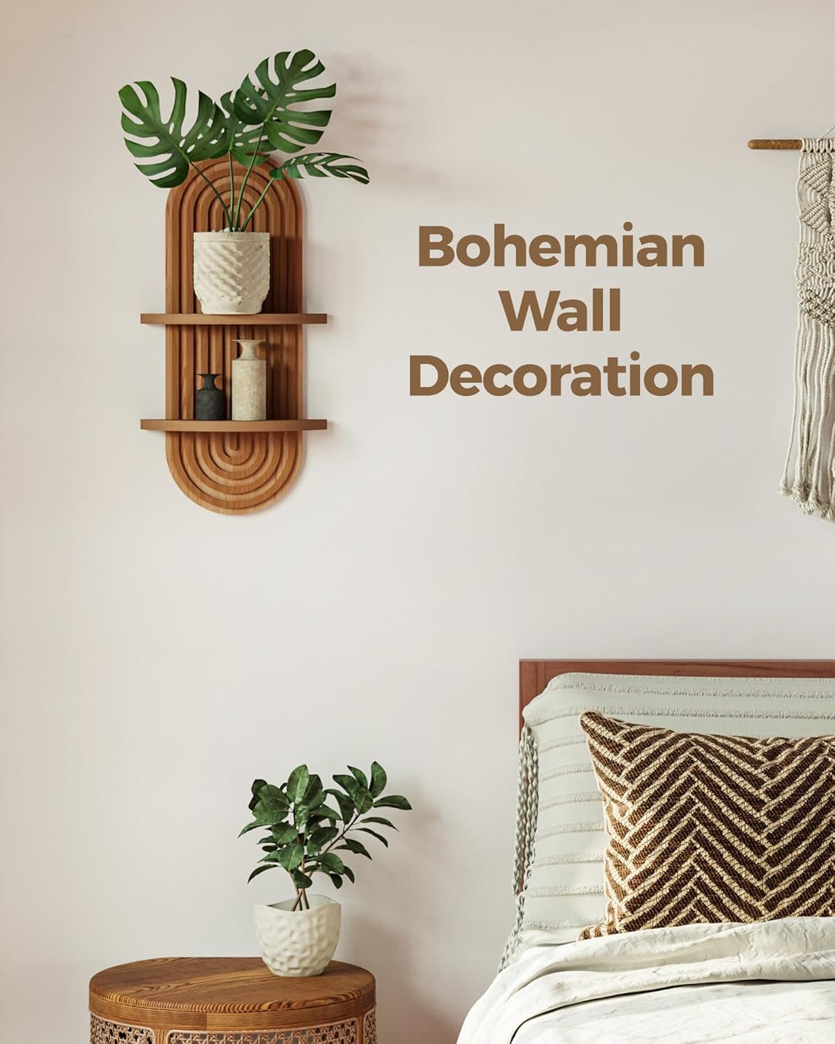 Aoipend Boho Wall Decor Brown Plant Wall Shelf, Mid Century Modern Decor Hanging Plant Shelf, 2-Tier Wooden Floating Shelves for Home, Bathroom Bedroom Living Room, Office Holding Planter
