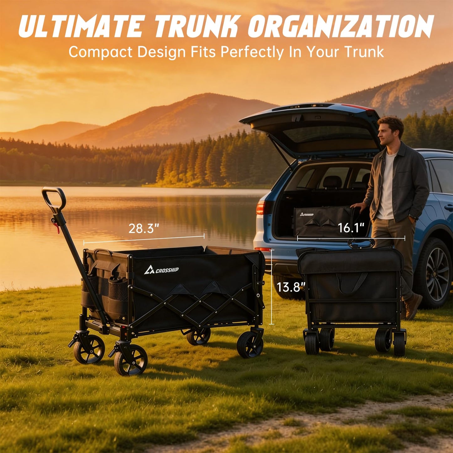 CROSSHIP Collapsible Pet Wagon Cart with Drop-Down Tailgate - Foldable Wagon Carts 150L & 330LBS Folding Wagons, All-Terrain Wheels Utility Wagon for Camping with 1 Medium Dog or 2 Small Puppies