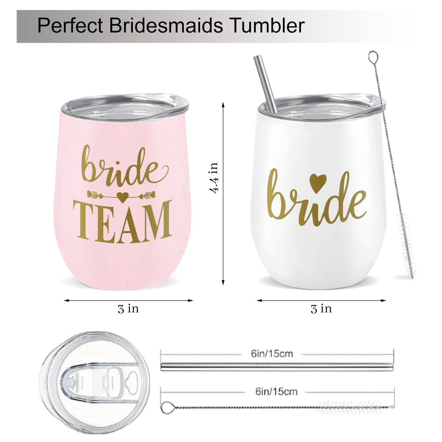 Bride Squad Bachelorette Party Cups 10 Pcs Team Bride Cups Bridesmaid Gifts Tumblers 12 Oz Insulated Cups with Lid and Straw(Pink)