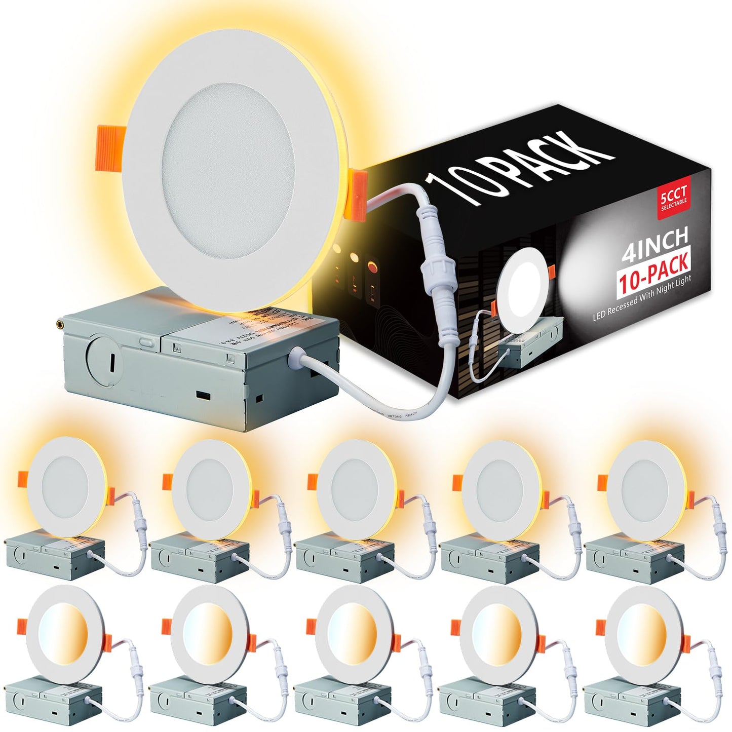 Togalonn Pot Lights LED 4 Inch Recessed Lights with Night Light, Dimmable & 2700K/3000K/3500K/4000K/5000K Selectable Slim Wafer Soffit Downlight, ETL Listed, IC Rate, 9W, 10 Pack