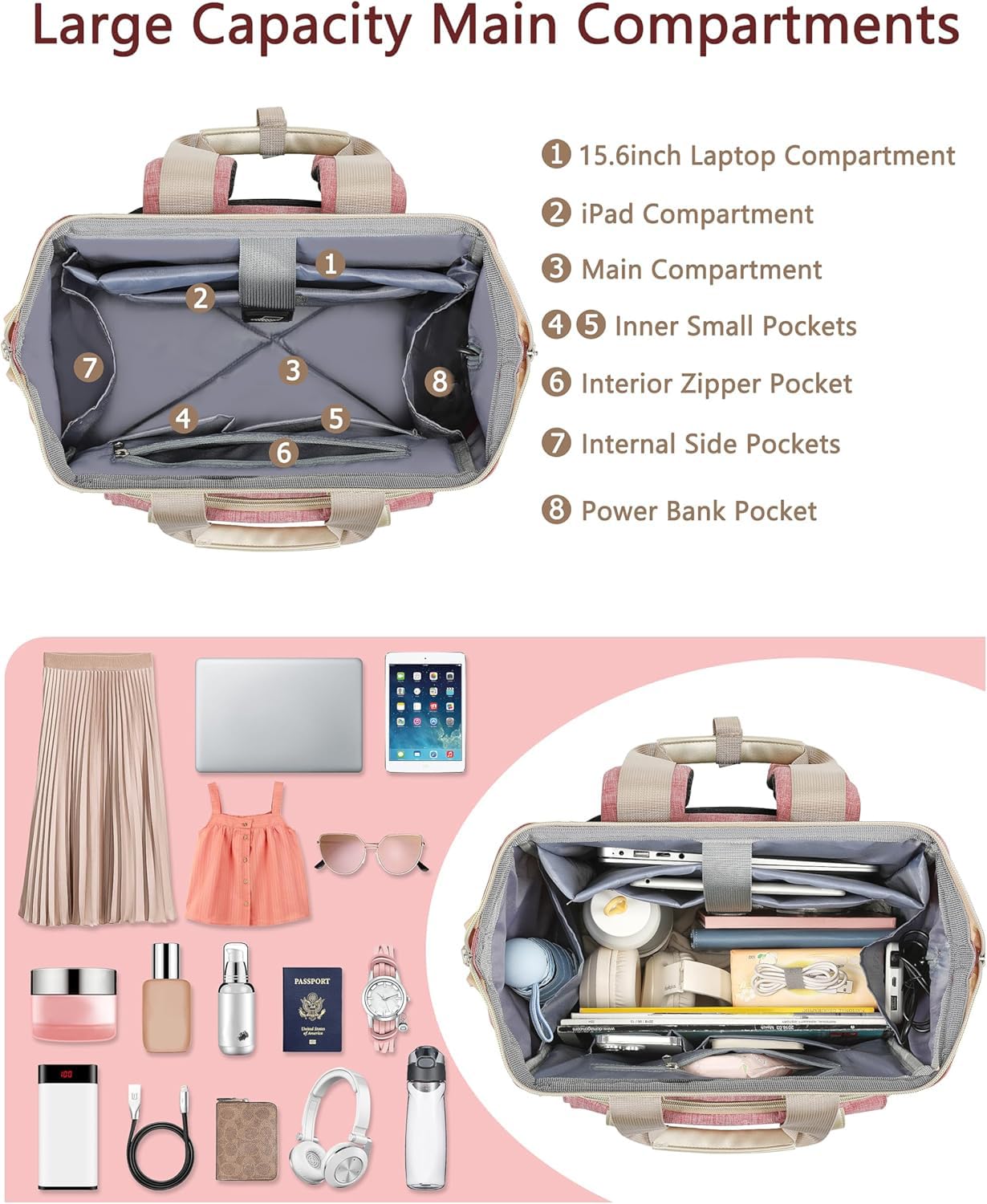 Laptop Backpack for Women,RFID Anti Theft Work Backpack for 15.6 Inch Laptop,Wide Open Large USB Charging Port Water Resistant Durable Backpack, Doctor Teacher College School Travel Shoulder Purse Bag