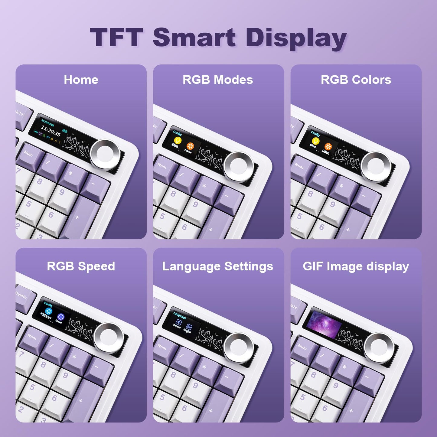 MIKIBY AJAZZ AK980 Mechanical Gaming Keyboard with Smart Display & Knob,98% Wireless Keyboard Tri-Mode BT/2.4G/USB-C, Hot Swappable, PBT Keycaps, with RGB Light for Win & Mac(Purple,Murad Switch)