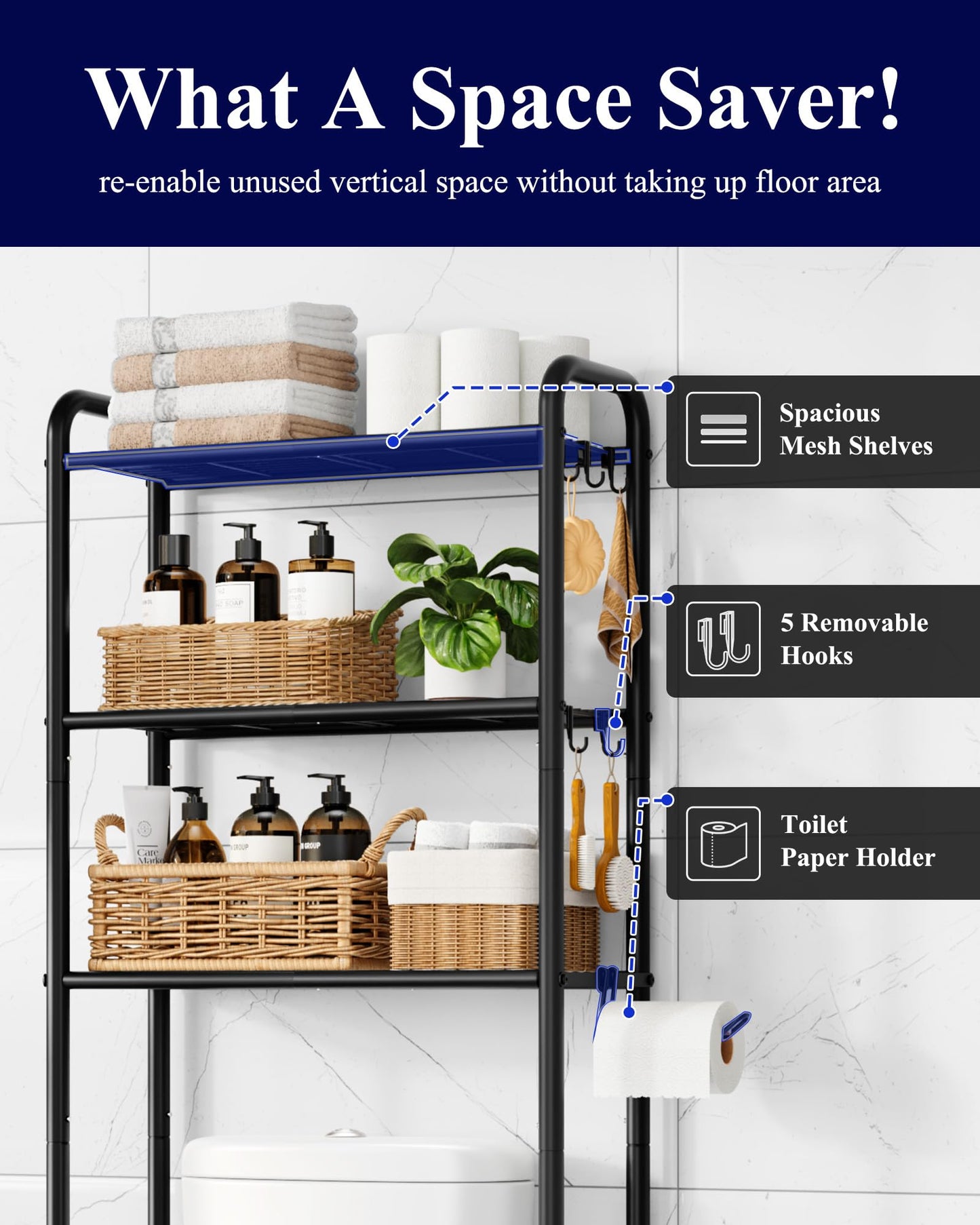 Kitsure Over Toilet Storage Rack – 3-Tier Black Metal Bathroom Organizer Shelf with Toilet Paper Holder & Hooks, Space-Saving Over the Toilet Cabinet for Laundry Room or Washroom, 63.2" H