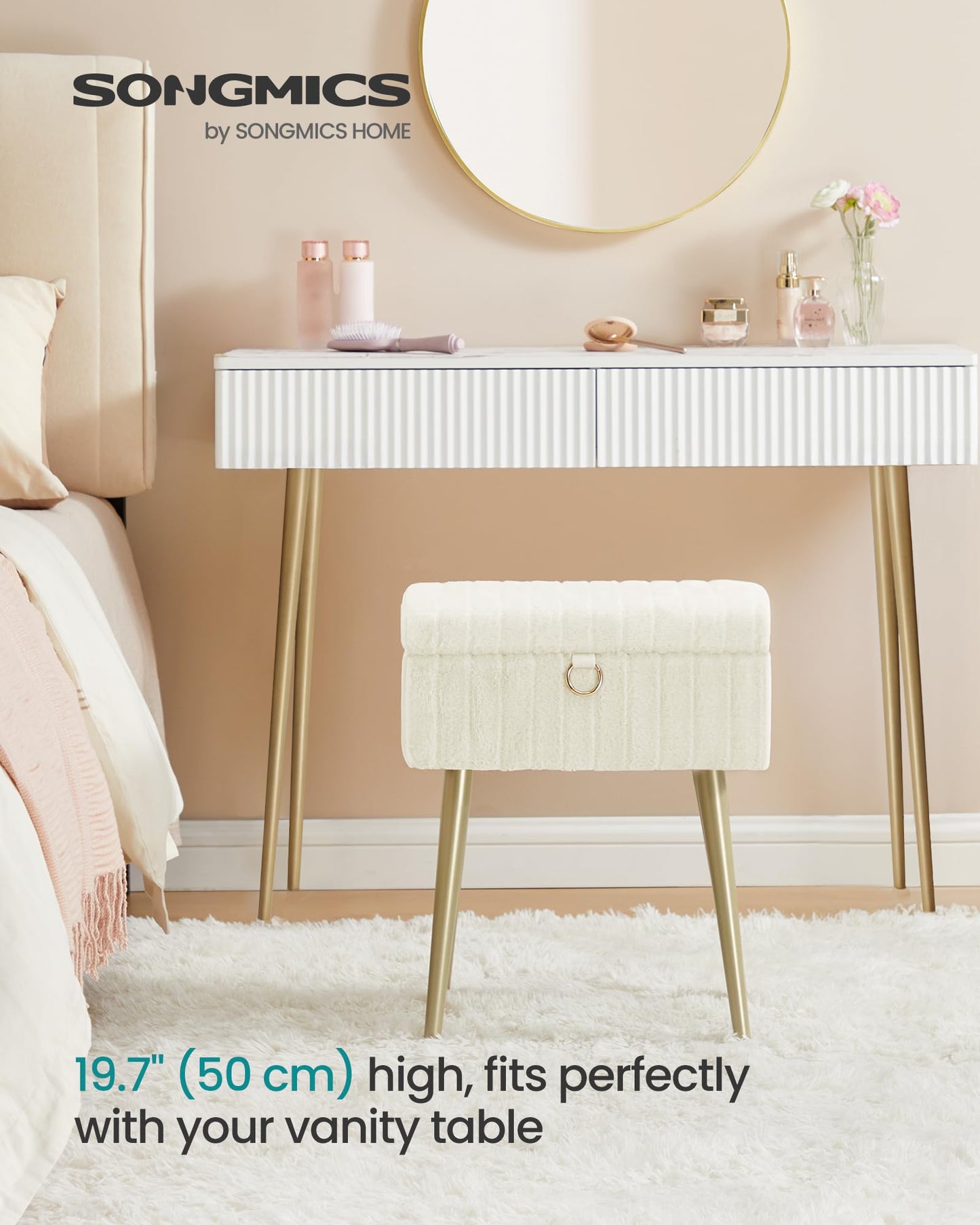 SONGMICS Vanity Stool Chair with Storage, Makeup Stool, Footrest Footstool Ottoman, Metal Legs, Adjustable Feet, for Living Room, Bedroom, Makeup Room, Cream White ULOM505WZ02