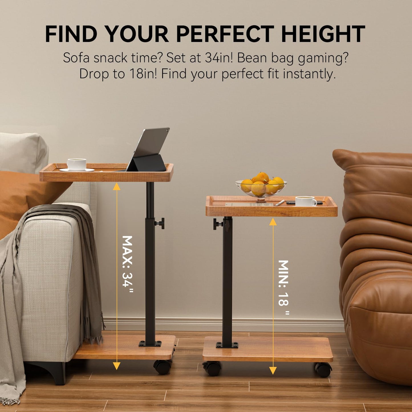 C Shaped End Table Adjustable Height, 360°Swivel TV Tray Table for Small Spaces, Rolling Couch Side Tables for Living Room, Bedroom, Bedside, Chair, Sofa, Snack