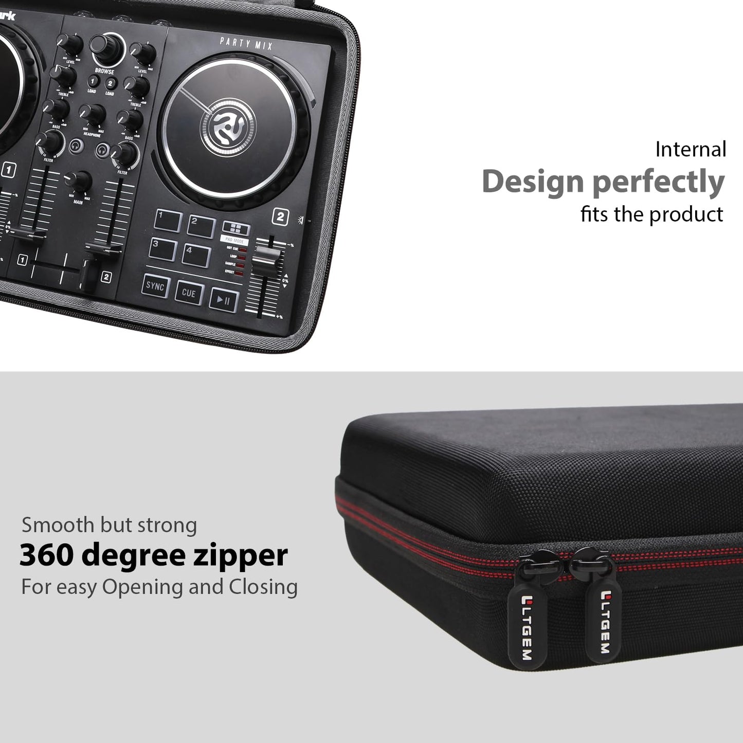 LTGEM DJ Mixer Case for Numark Party Mix II or Hercules DJControl Mix Ultra DJ Controller,Black(Case only)