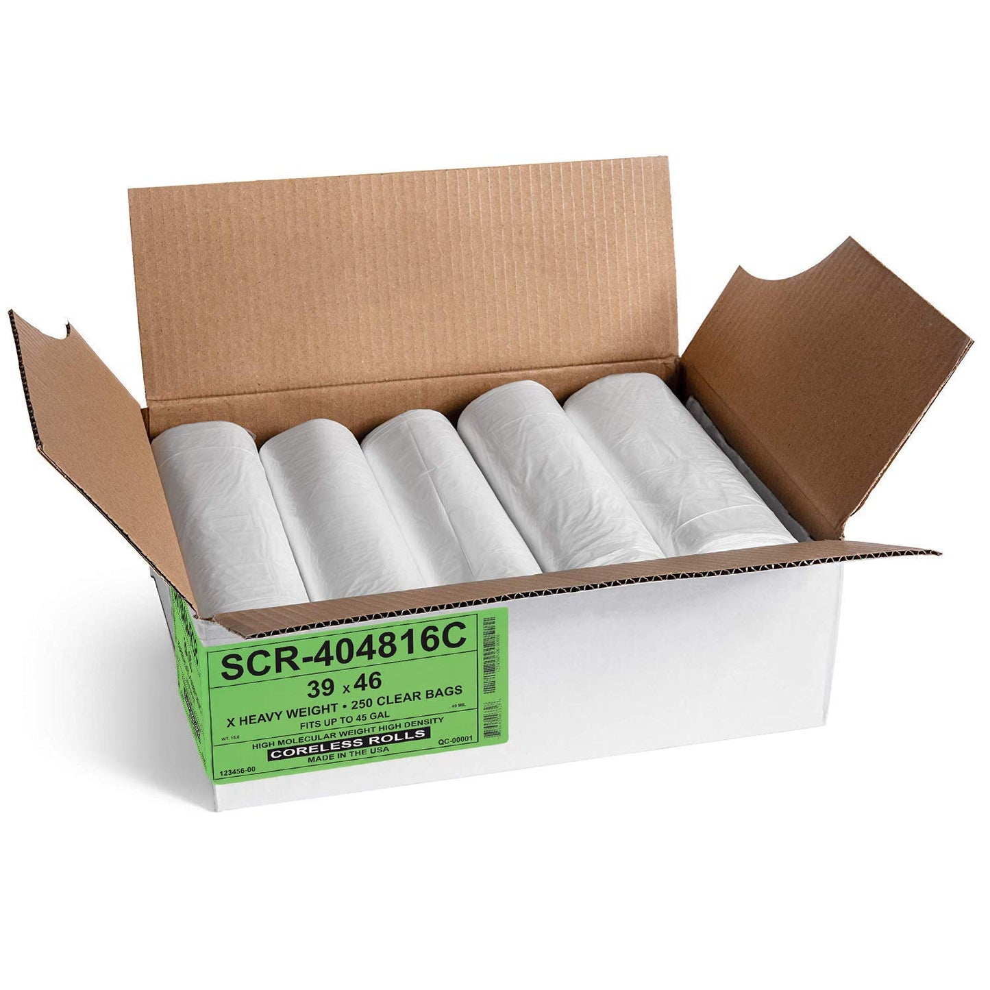 Aluf Plastics - Trash Bags, 45 Gallon, 22 Mic (eq), 39"x46", Clear, 250 Count (10 Rolls of 25)