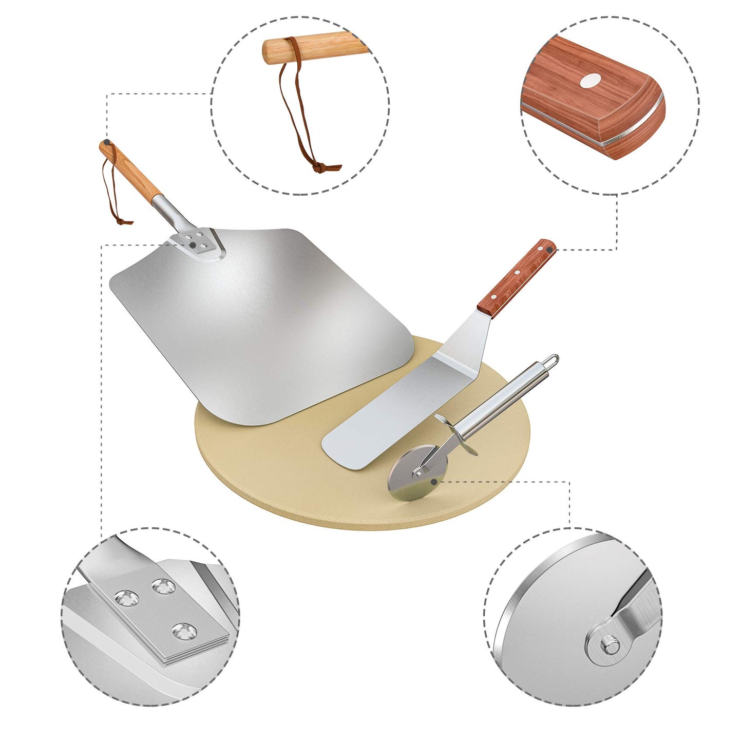 Onlyfire Pizza Tool Kits - Pizza Stone, Pizza Peel with Wooden Handle, Pizza Cutter and Spatulas, Good for Cooking, Baking Pizza, Cookies, Bread on Grill/Oven