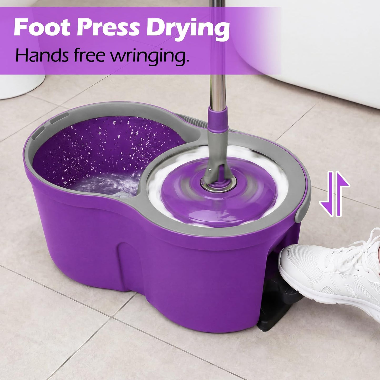 Almcmy Spin Mop and Bucket Set, Mop Bucket with Foot Pedal Wringer System, 3 Reusable Mop Refills, 130cm Long Handle, Easy Wring Magic Mop Floor Cleaning System, Purple