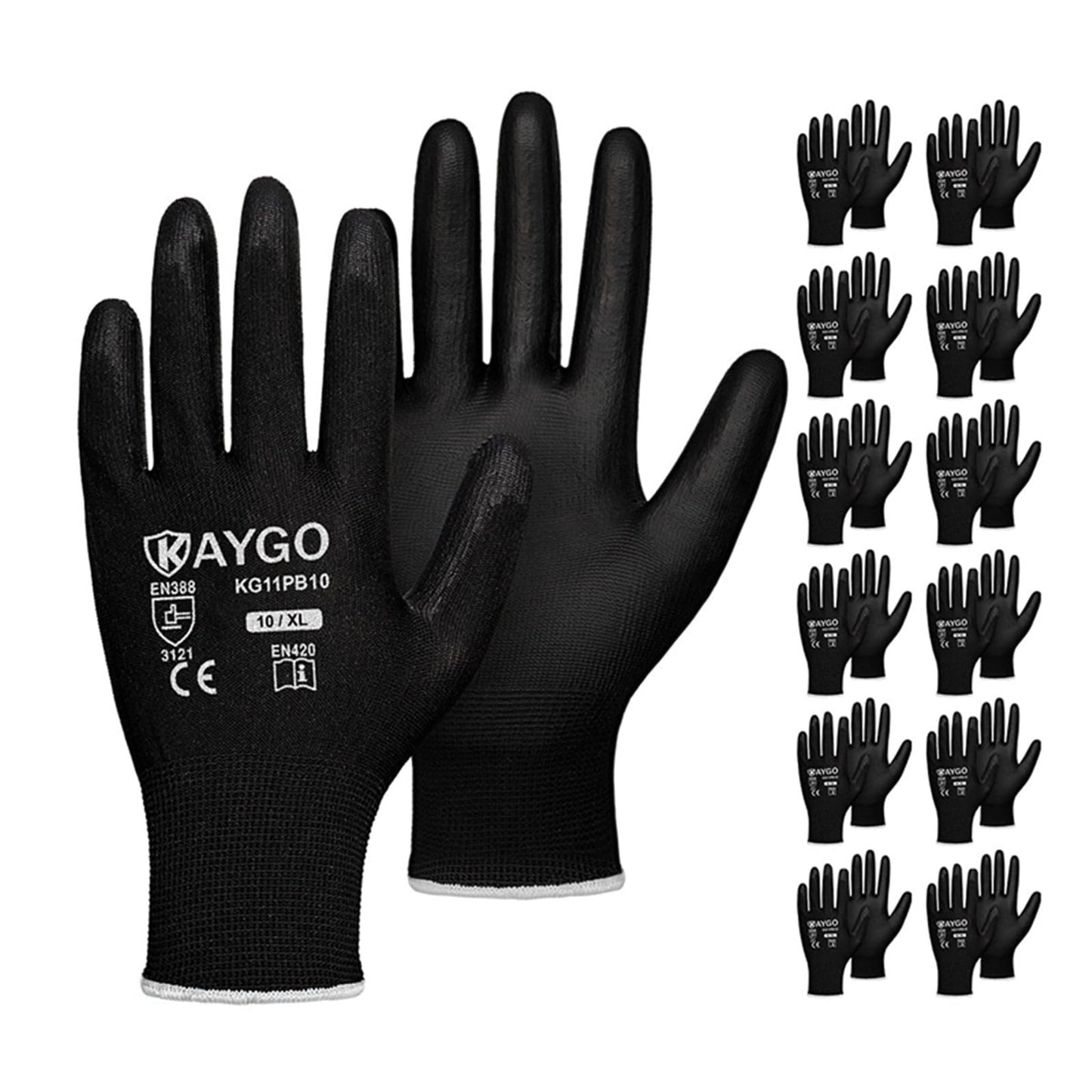 Safety Work Gloves PU Coated-12 Pairs,KAYGO KG11PB, Seamless Knit Glove with Polyurethane Coated Smooth Grip on Palm & Fingers, for Men and Women, Ideal for General Duty Work (XL, Black)