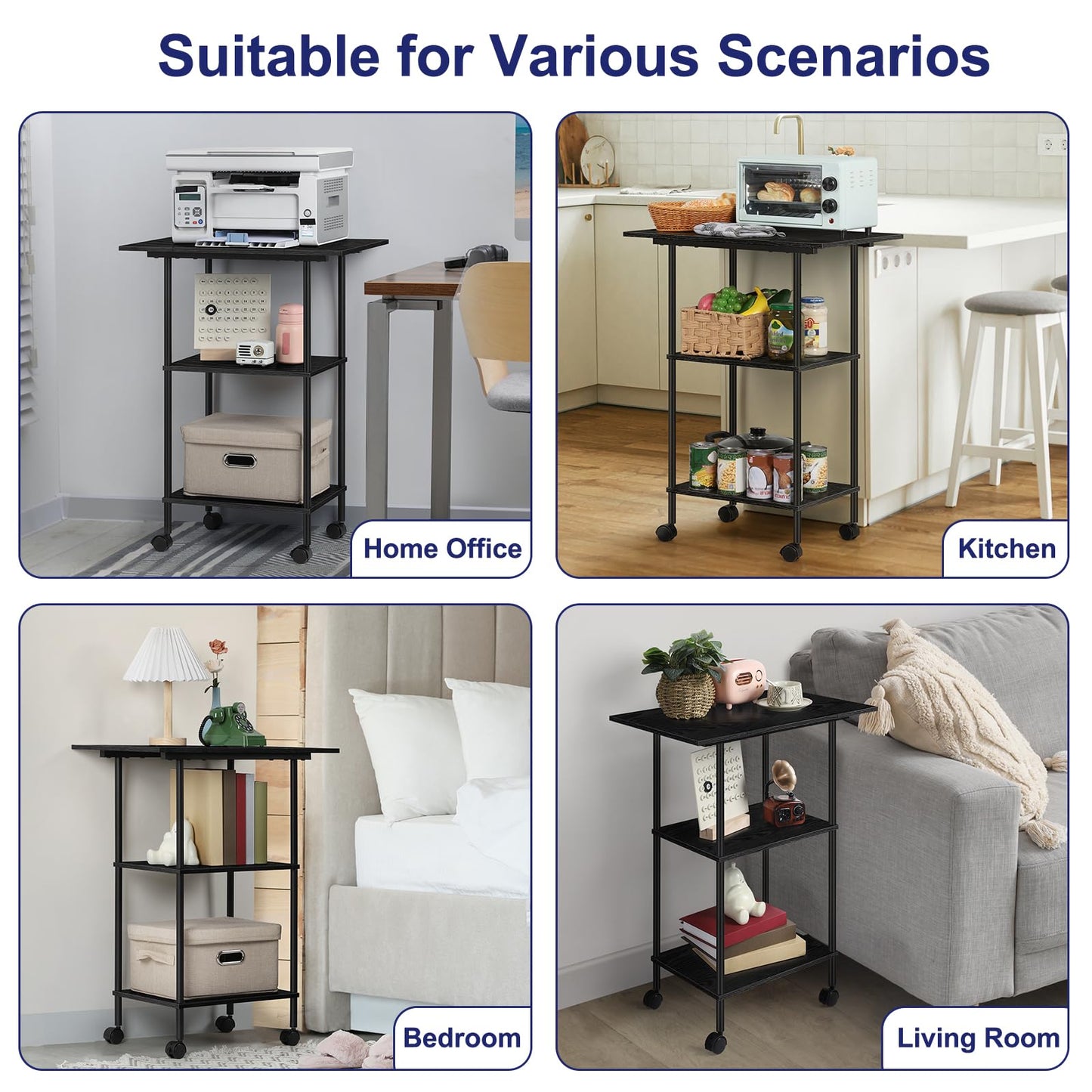 Shinoske Black Printer Stand with Storage,3 Tier Large Printer Table with Wheels for Home Office,Rolling Printer Cart with Storage Shelf,for Under Desk,Living Room,Kitchen