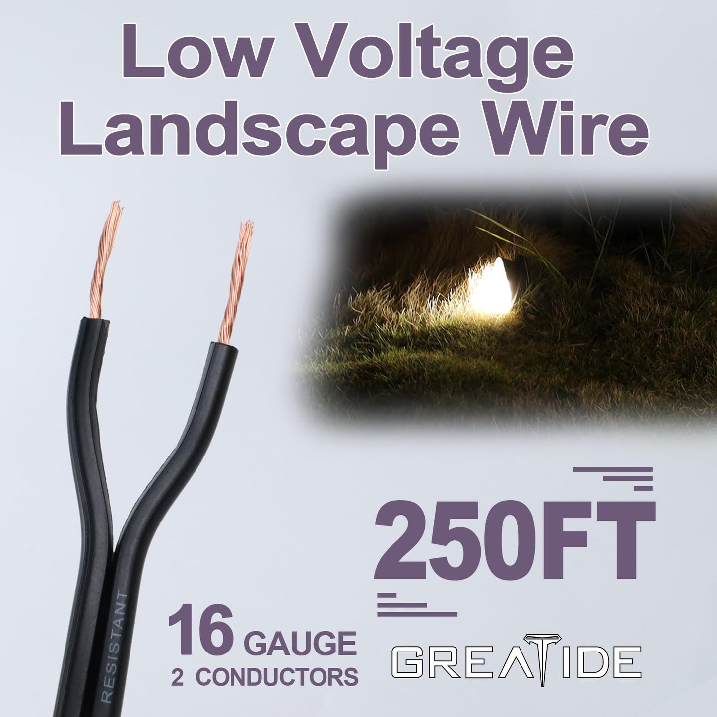 GREATIDE 16/2 Low Voltage Landscape Lighting Wire, Outdoor Direct Burial Cable, 16 Gauge 2 Conductor, 250 Feet