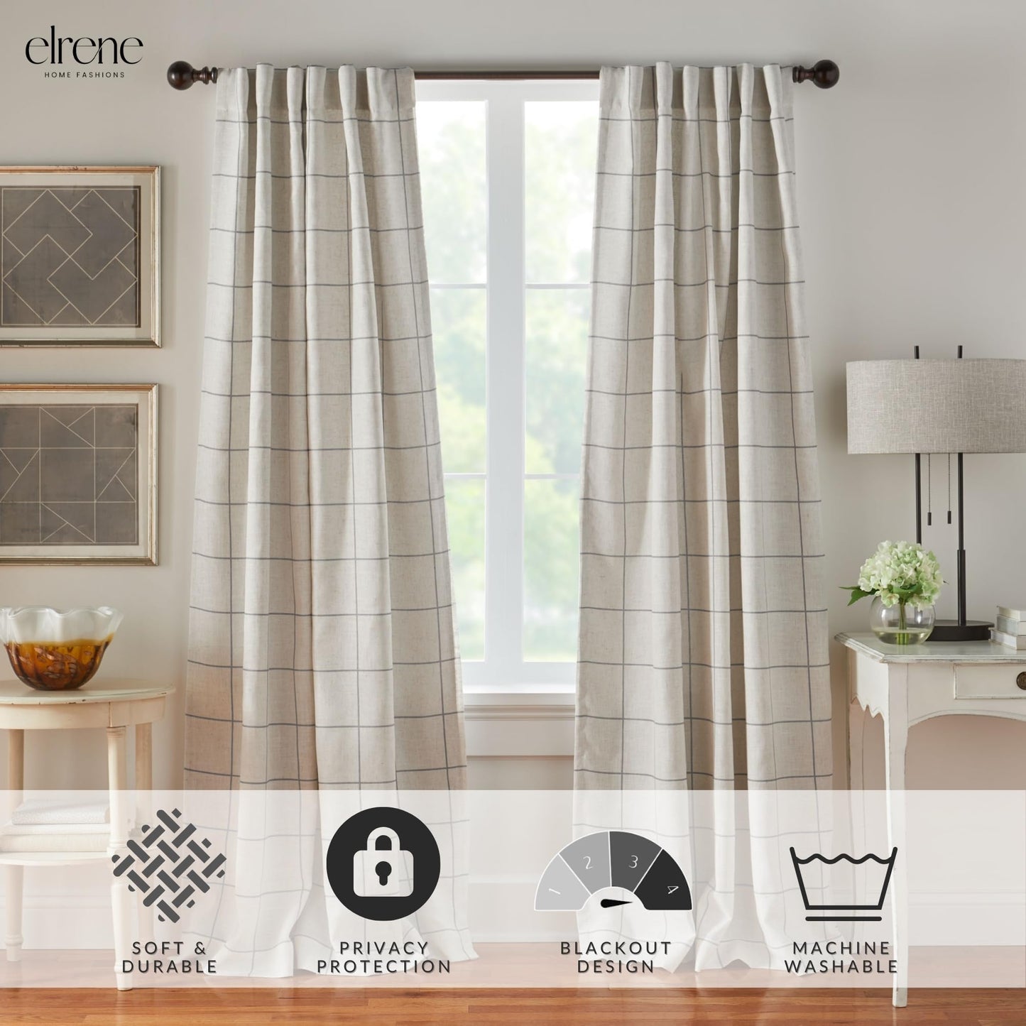 Elrene Home Fashions Brighton Windowpane Plaid Grid Blackout Window Curtain Panels/Drapes for Living, Bedroom, Dining Room, 52"x84", Gray