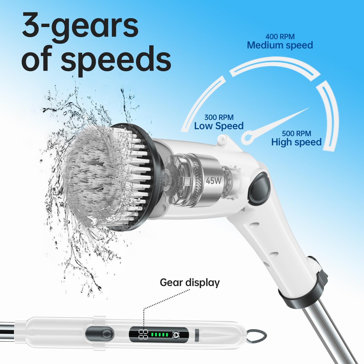 Y-Kelin Electric Spin Scrubber，2025 New LED Monitor Electric Cleaning Brush Scrubber,Power Scrubber 3 Adjustable Speeds,Detachable Long Handle, Shower Cleaning Brush for Bathtub,Floor (Black)