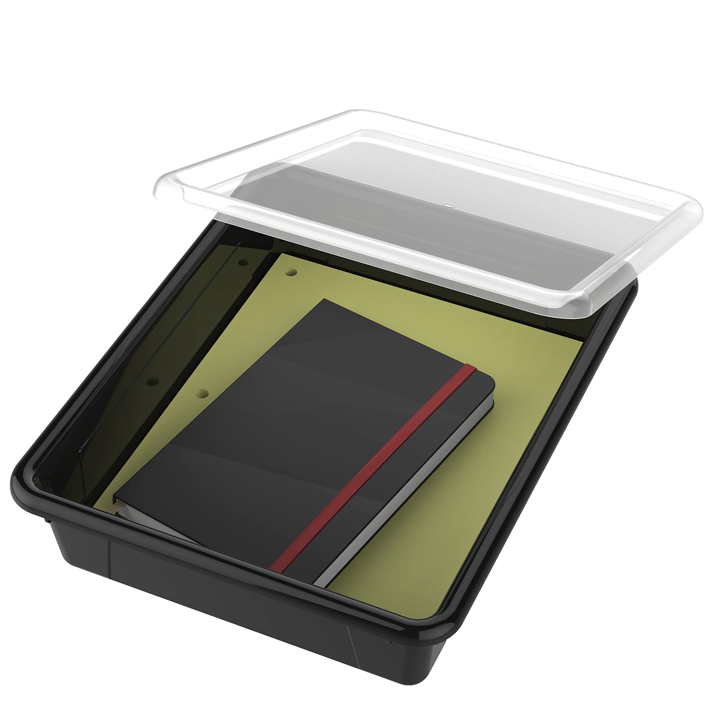 Storex Flat Storage Tray with Lid, Letter Size, 10 X 13 X 3 Inches, Black, 5-Pack (62535U05C)