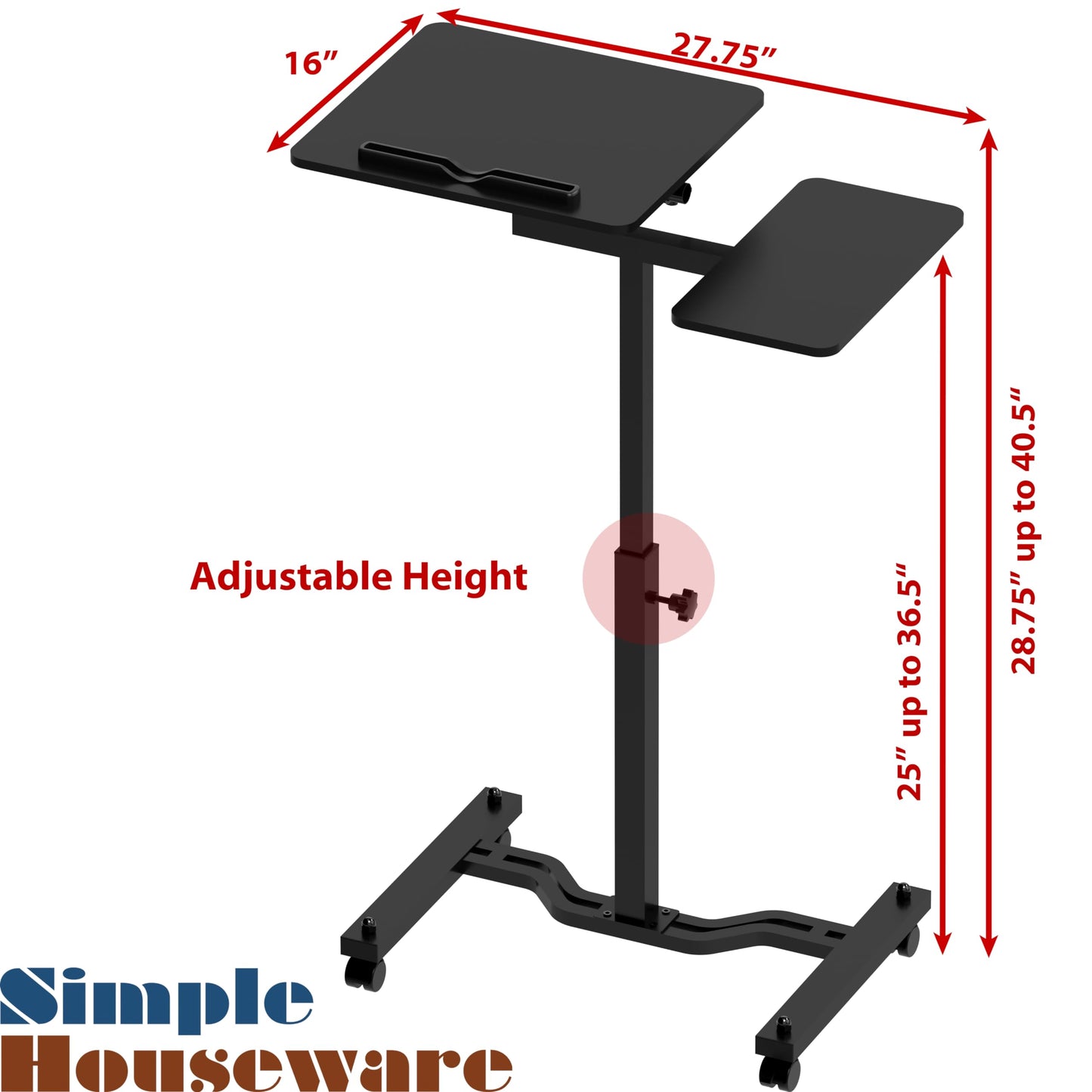 SHW 28.75" to 40.5" Height Adjustable Rolling Laptop Cart with Tilting Desktop and Side Shelf, 73 to 103.9 cm, Black