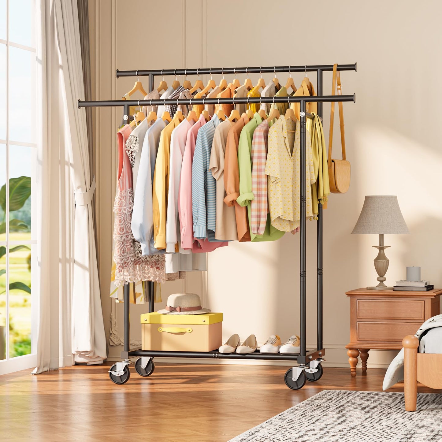 HYSEYY Double Rods Clothing Rack, Rolling Clothes Rack, Metal Garment Rack with 4 Lockable Wheels & Storage Shelf, Sturdy Coat Rack for Bedroom, Laundry, Living Room - 160H x 113W x 42D cm (Black)