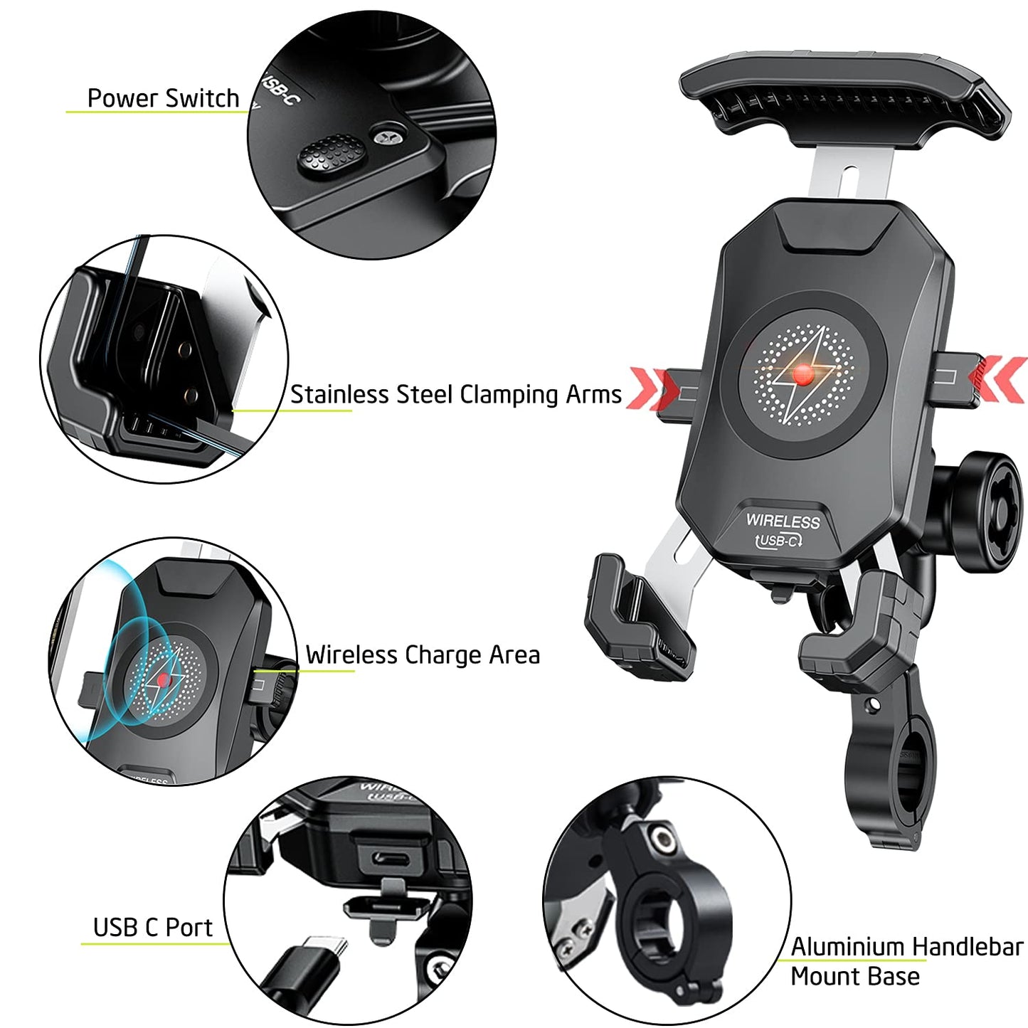 iMESTOU Anti-Thief Motorcycle Wireless Phone Mount Charger 15W & USB C 3A Handlebar 1" Ball Stem Phone Holder Works with 12V/24V Vehicle/USB Socket Quick Charge for 4.0-7.0" Cellphones