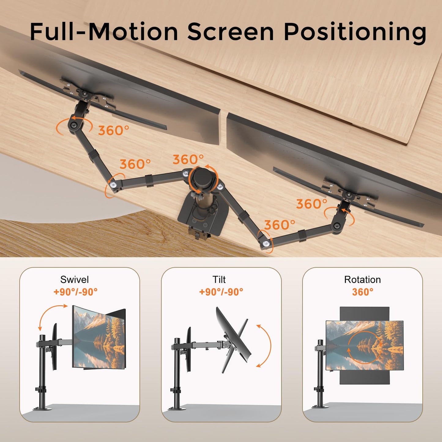 Pholiten Dual Monitor Desk Mount,Heavy Duty Adjustable Monitor Desk Mount for 2 Screens up to 38Inches,Dual Monitor Arm with Height Adjustable Tilt Swive Rotate,Holds up to 22 lbs