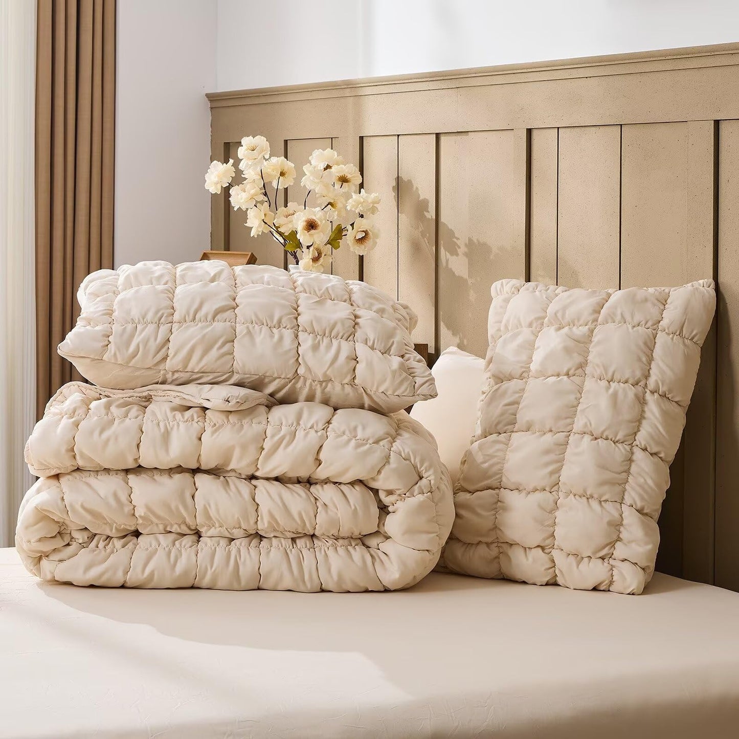 Jameswish Beige Comforter Set Queen Size Bed in A Bag 7 Piece Pinch Pleat Bedding Set,Pintuck Ruched Square Bed Set with Comforter, Sheets, Pillowcases & Shams