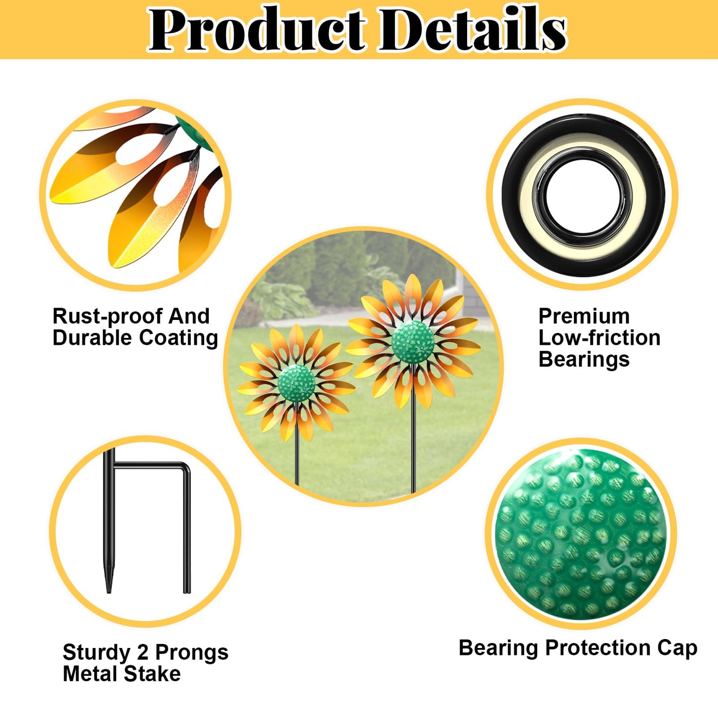 Sunflower Wind Spinners Outdoor, MeyRolizn Metal Pinwheel Wind Sculpture with Stake, Small Windmill for Garden Lawn Yard Patio Outside Art Decor (2pcs Yellow)