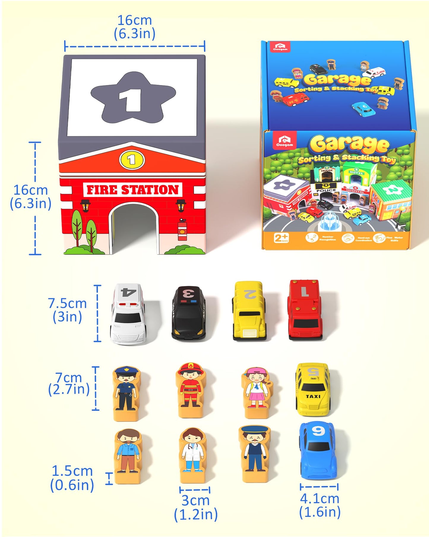 Coogam Toddler Sorting & Stacking Toys with Nesting Garages Cars, Number Stackable Block Boxes for Kids Learning Community Helpers, Preschool Educational Montessori Toy Gift for 2 3 4 Year Old Baby