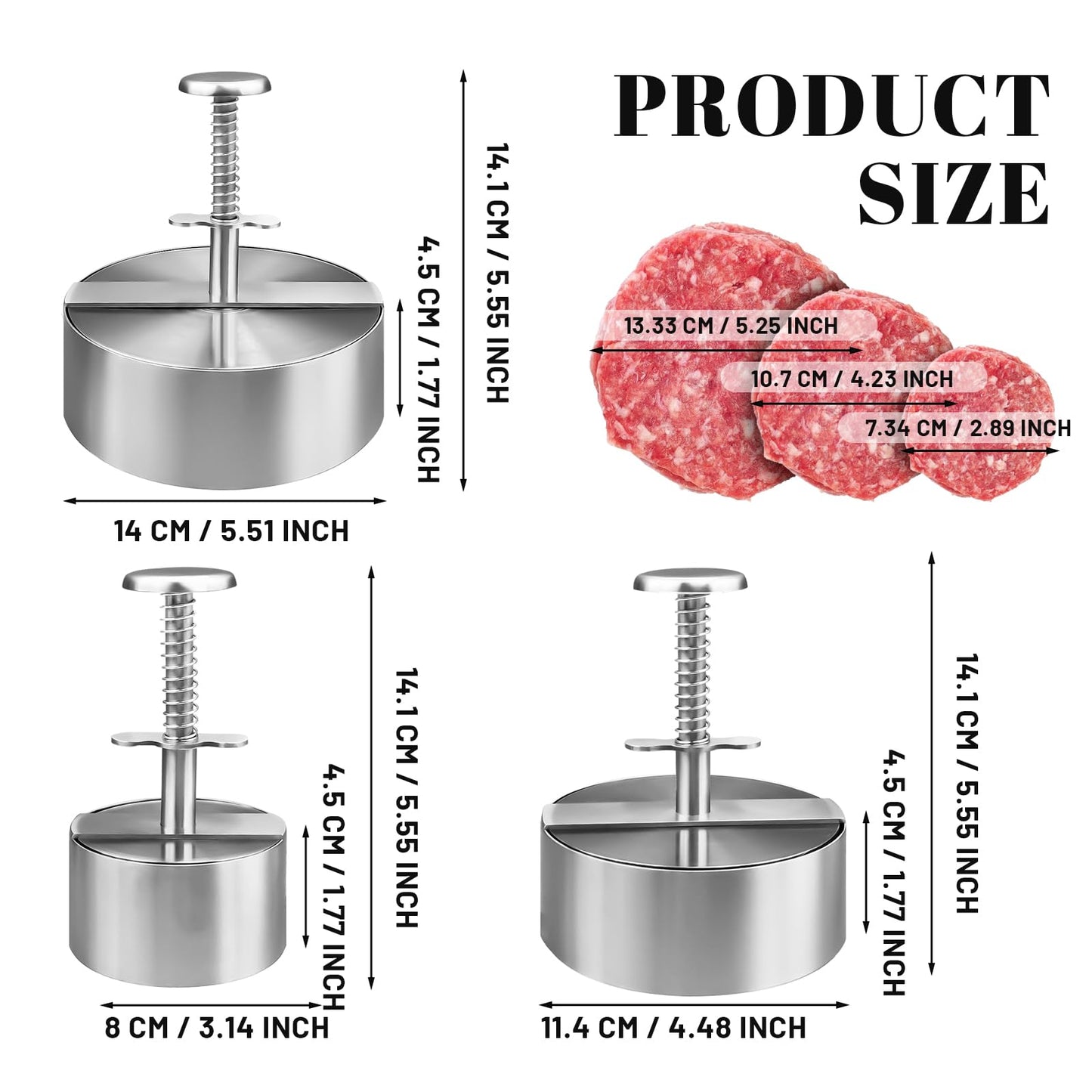 3 Pack Burger Press, Stainless Steel Adjustable Hamburger Patty Maker Meat Press Non-Stick Stuffed Patty Making Molds for Beef, Vegetables, Burgers, Cooking (Silver, 3 Size)