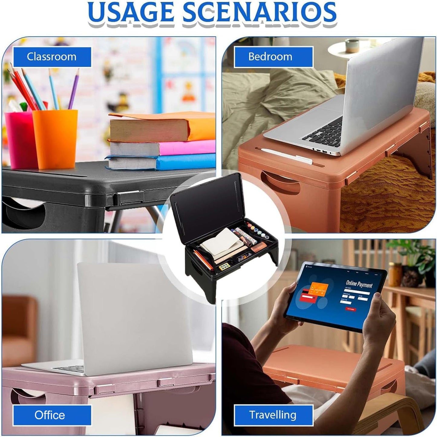 Tlingsd Folding Lap Desk for Bed with Compartments Storage Pocket,Color Foldable Laptop Table for Children's Activities,Bed Desk,Laptop Desk, Breakfast Table, Bed Table, Serving Tray (Black)