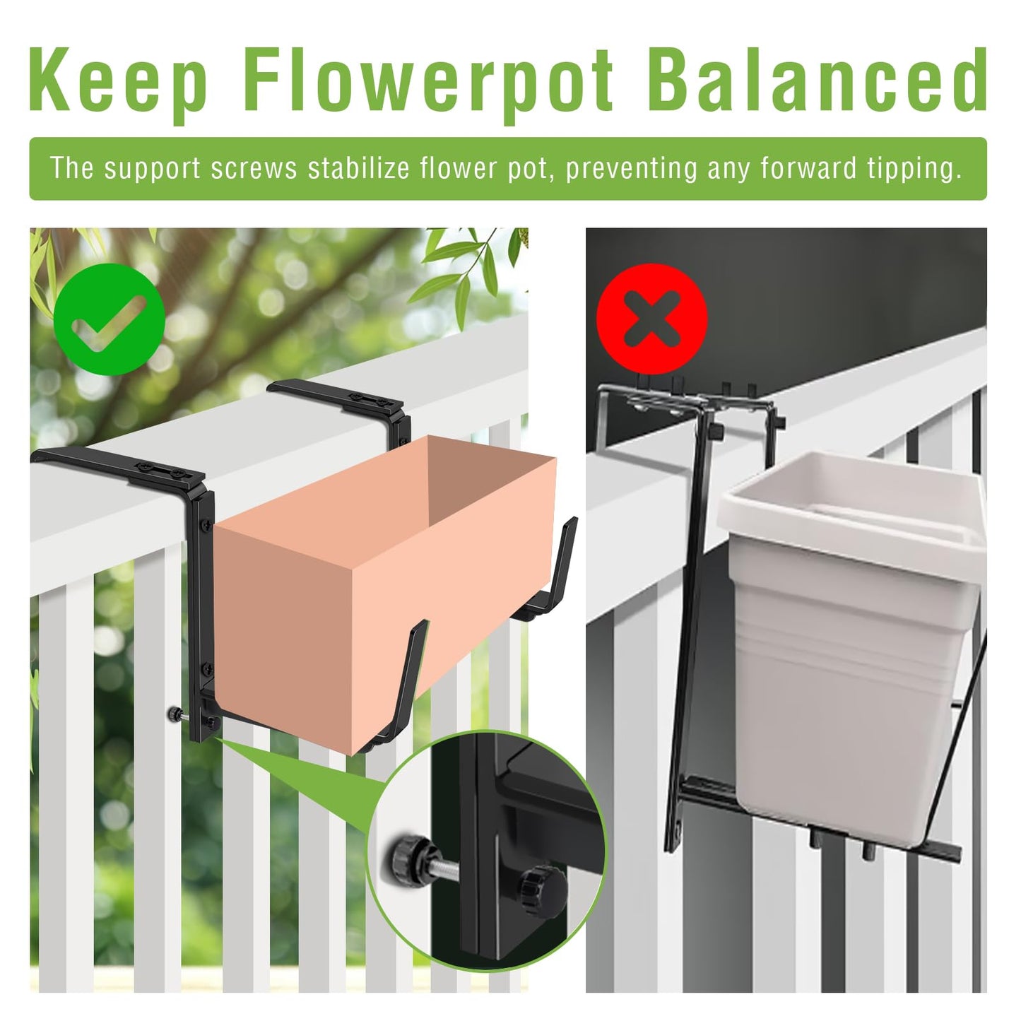 NouraVita Window Box Brackets, Adjustable Hanging Railing Planter Box Brackets, Heavy Duty Wall Mount Iron Flower Box Holder for Outdoor Windowsill, Balcony, Garden, and Fence (4 Pack)