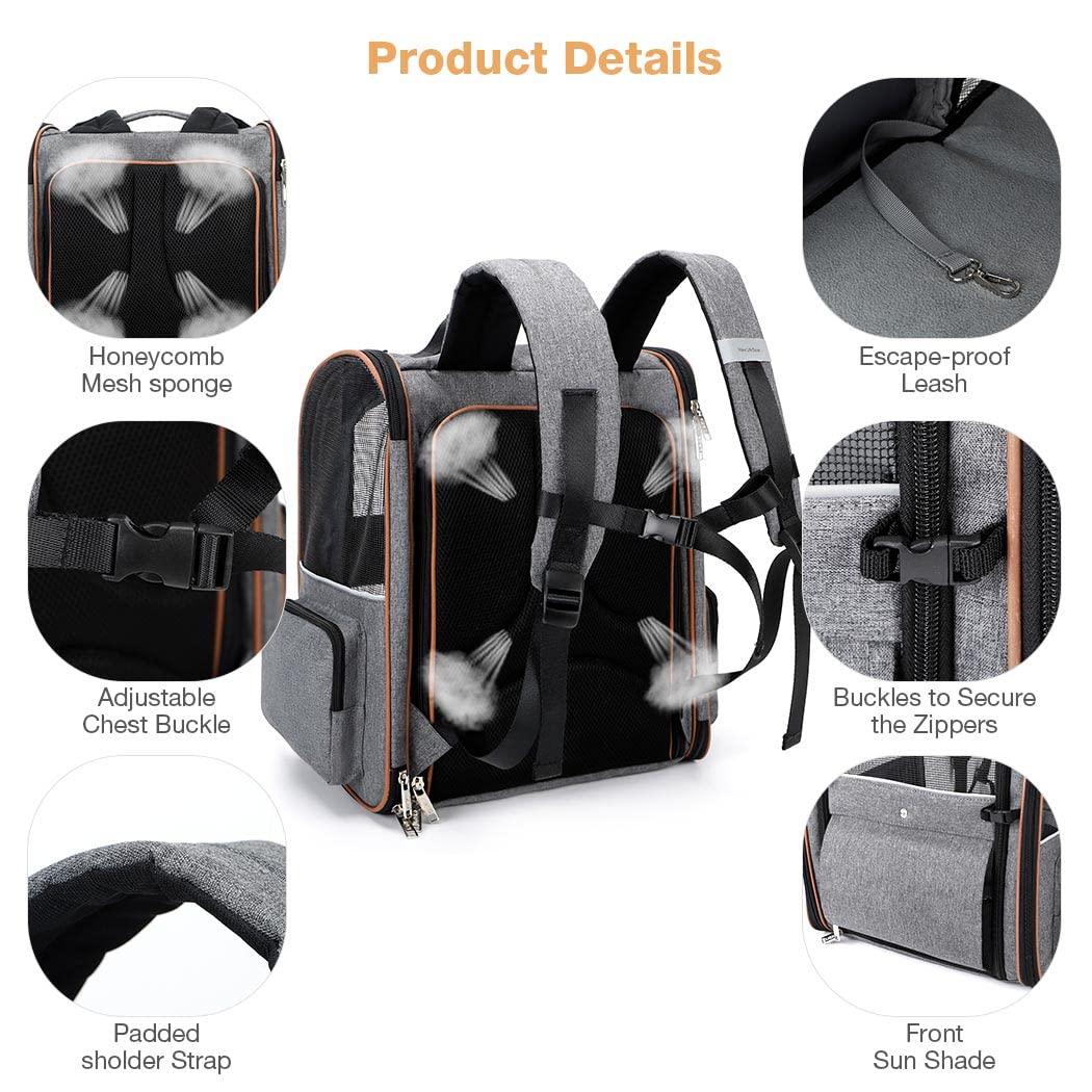 Lekespring Cat Bag, Expandable Cat Backpack Carrier for Small Dogs Medium Cats Fit Up to 18 Lbs, Dog Backpack Carrier, Foldable Pet Backpack Carrier for Travel, Hiking, Outdoor Use (Grey)
