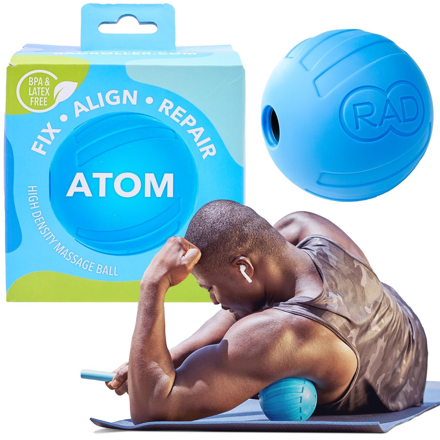 RAD Atom I Extra Firm Density Massage Ball for Pecs, Shoulders, Glutes, Hamstrings, Quads and Traps Self Myofascial Release, Massage, Mobility and Recovery