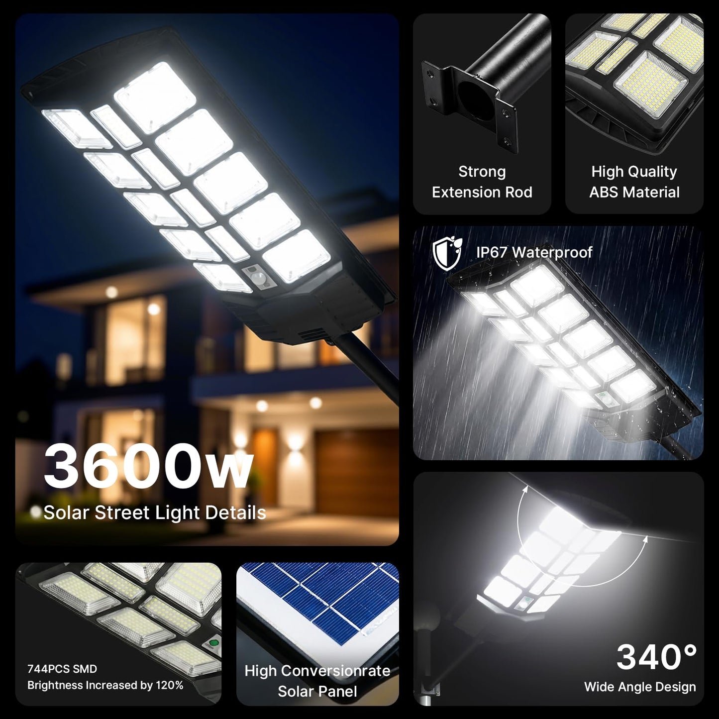 Xmart Solar Street Lights Outdoor Waterproof 80000LM 744 Upgraded LEDs Solar Parking Lot Lights Dusk to Dawn Solar Motion Flood Light Wide Angle Sensor and Remote Control for Area Pole Lighting Yard