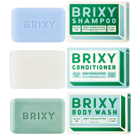 BRIXY Shampoo and Conditioner Bar with Body Wash Set for Balance, Hydration & Soft Hair & Skin, All Hair & Skin Types, pH Balance & Safe for Color Treated Hair, Sustainable, Vegan, Plastic Free (Mint Eucalyptus)