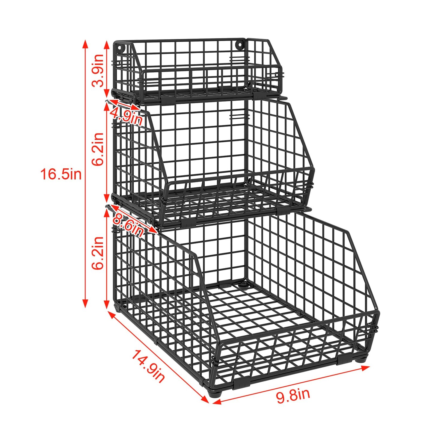 3-Tier Fruit Basket for Kitchen Counter, Stackable Wire Baskets Wall, Potato and Onion Storage Bins, Pantry Organizers, Pantry Storge and Storage for Potato, Onion, Produce, Fruit, Vegetable, Snack