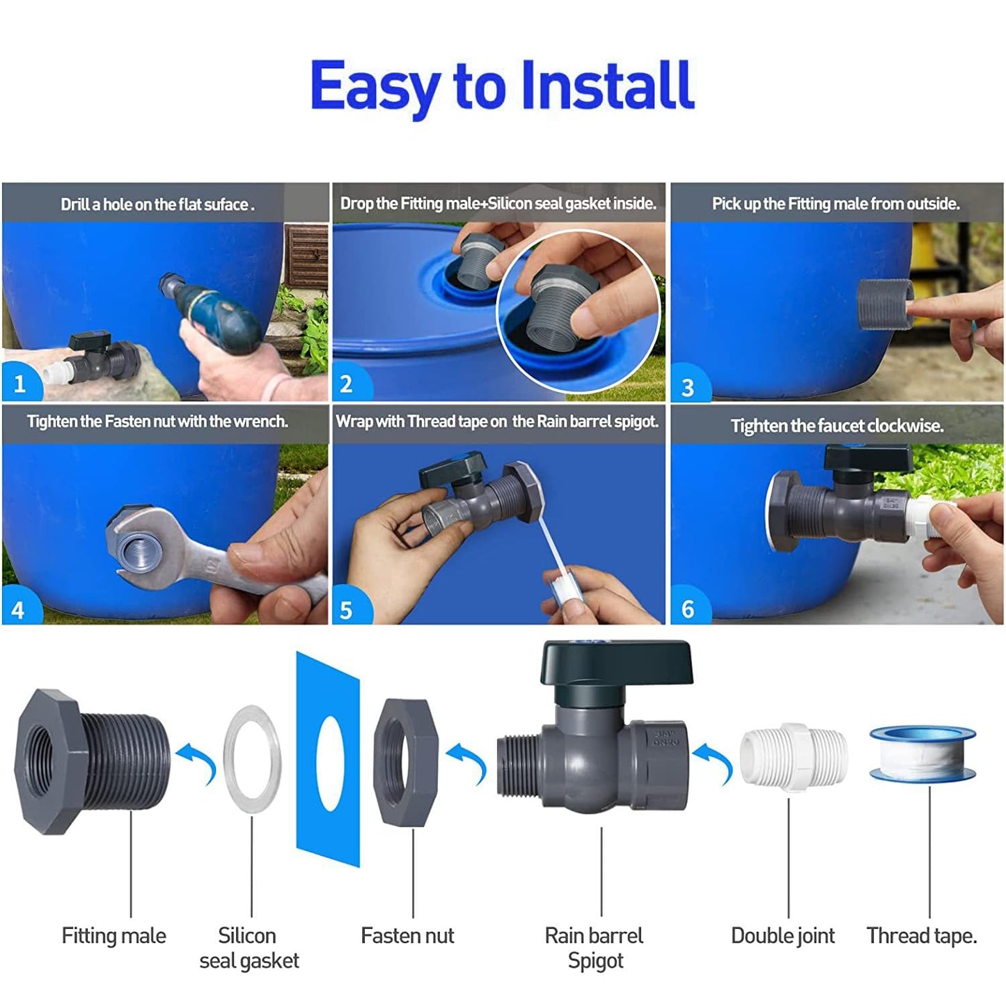 4pcs 3/4 Inch Rain Barrel Valve PVC Garden Faucet Connector Kit with Bulkhead Fitting and Hose Adapter, Rain Barrel Spigot Kit Rain Barrel Diverter Kit for Water Tanks, Aquariums,Pools, (4)