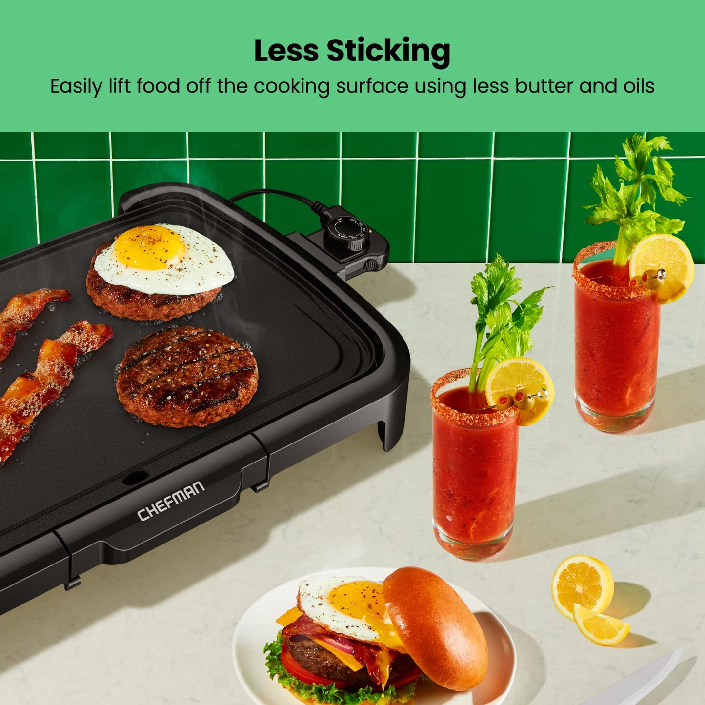 Chefman XL Electric Griddle with Removable Temperature Control, Immersible Flat Top Grill, Burger, Eggs, Pancake Griddle, Nonstick Extra Large Cooking Surface, Slide Out Drip Tray, 25 x 51 CM