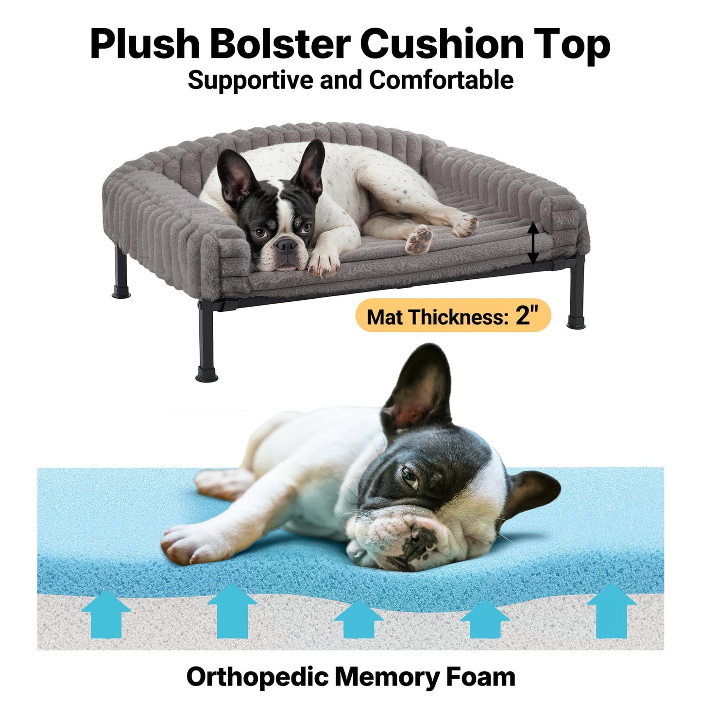 Veehoo Orthopedic Elevated Dog Bed with Bolster Cushion, Fluffy Plush Dog Couch Beds for Small Dogs, Cats, Washable Cozy Raised Pet Cot with Non-Slip Feet for Indoor or Patios Use, Gray, 24×18 Inches