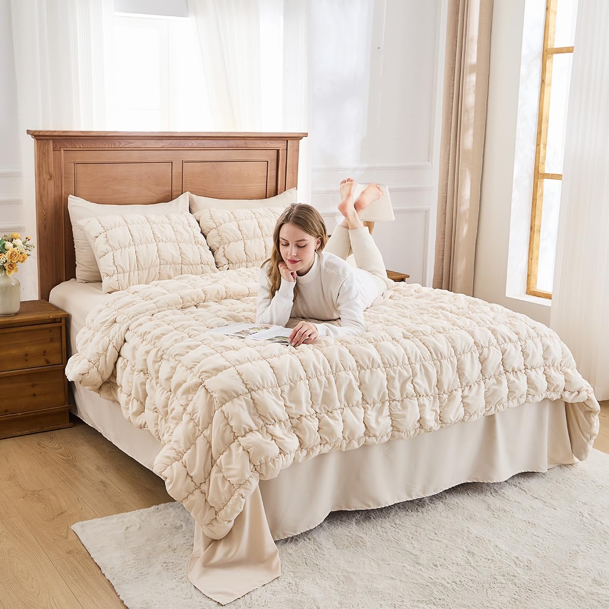 Jameswish Beige Comforter Set Queen Size Bed in A Bag 7 Piece Pinch Pleat Bedding Set,Pintuck Ruched Square Bed Set with Comforter, Sheets, Pillowcases & Shams
